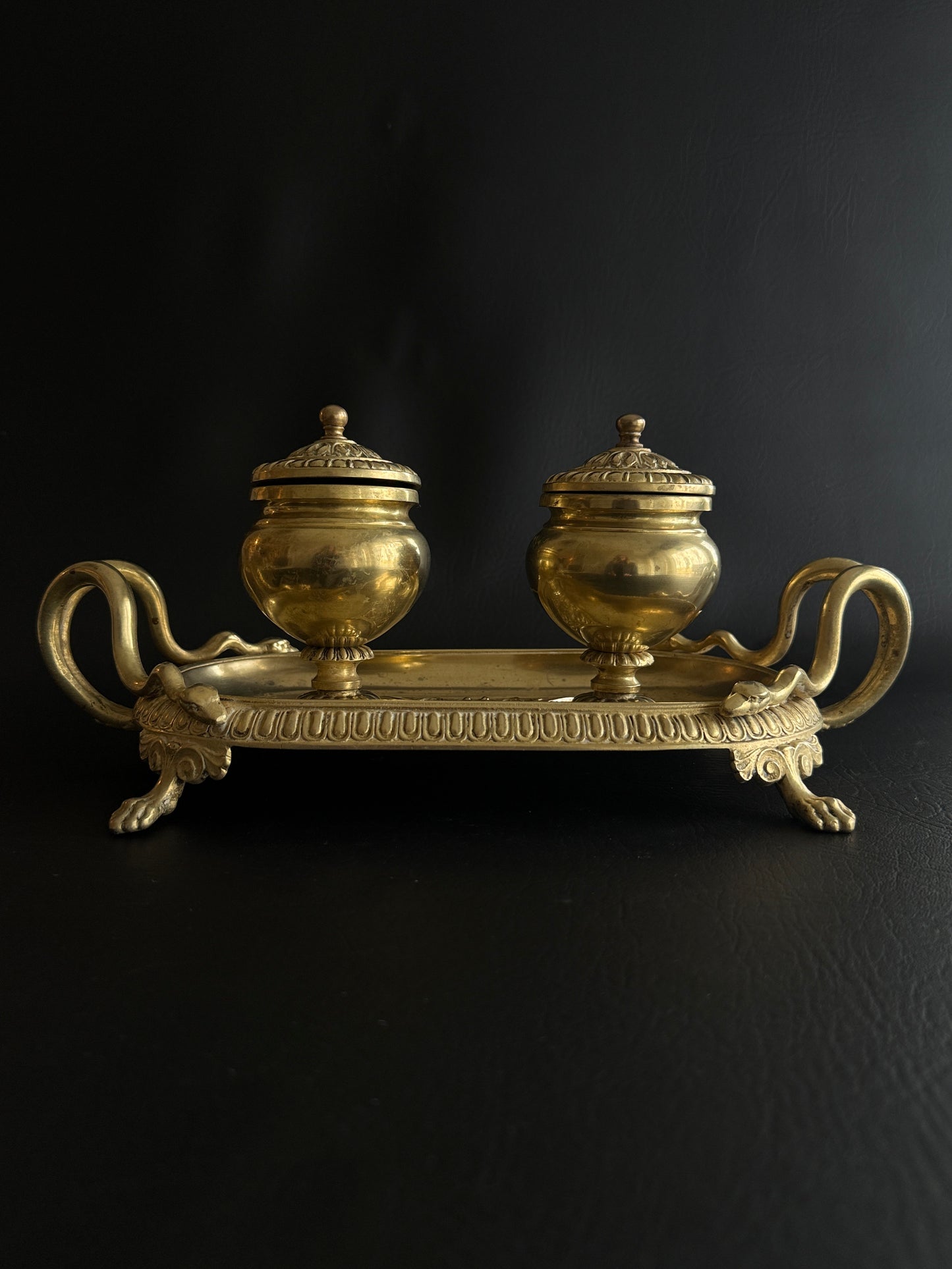 Antique French Empire Style Brass Double Inkwell with Serpent Handles