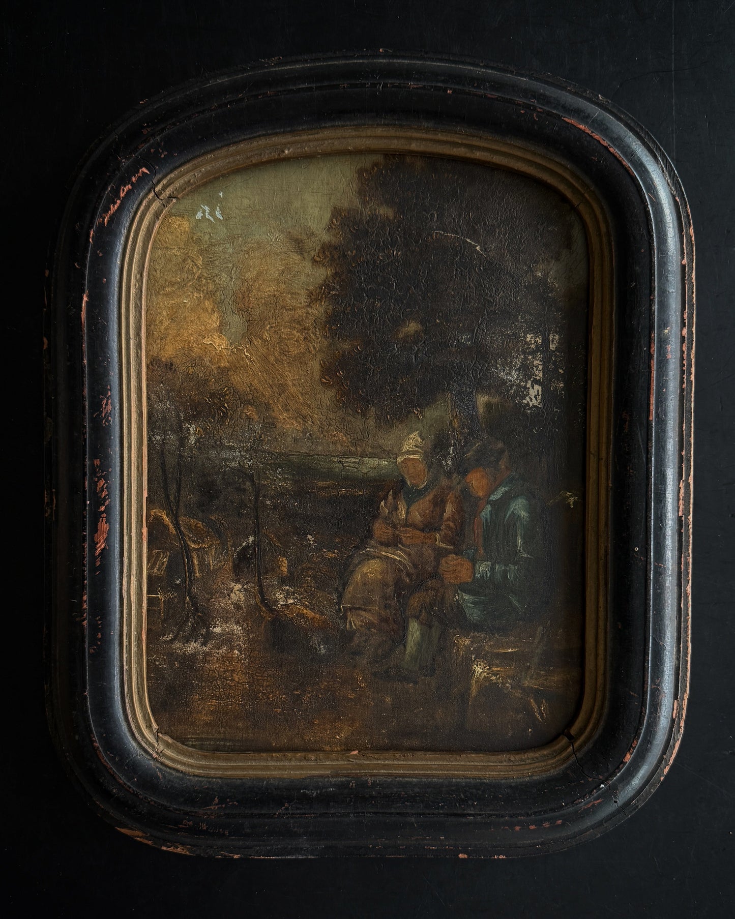 Reserved: Antique 19th-Century Oil Painting on Panel – Rustic Peasant Scene