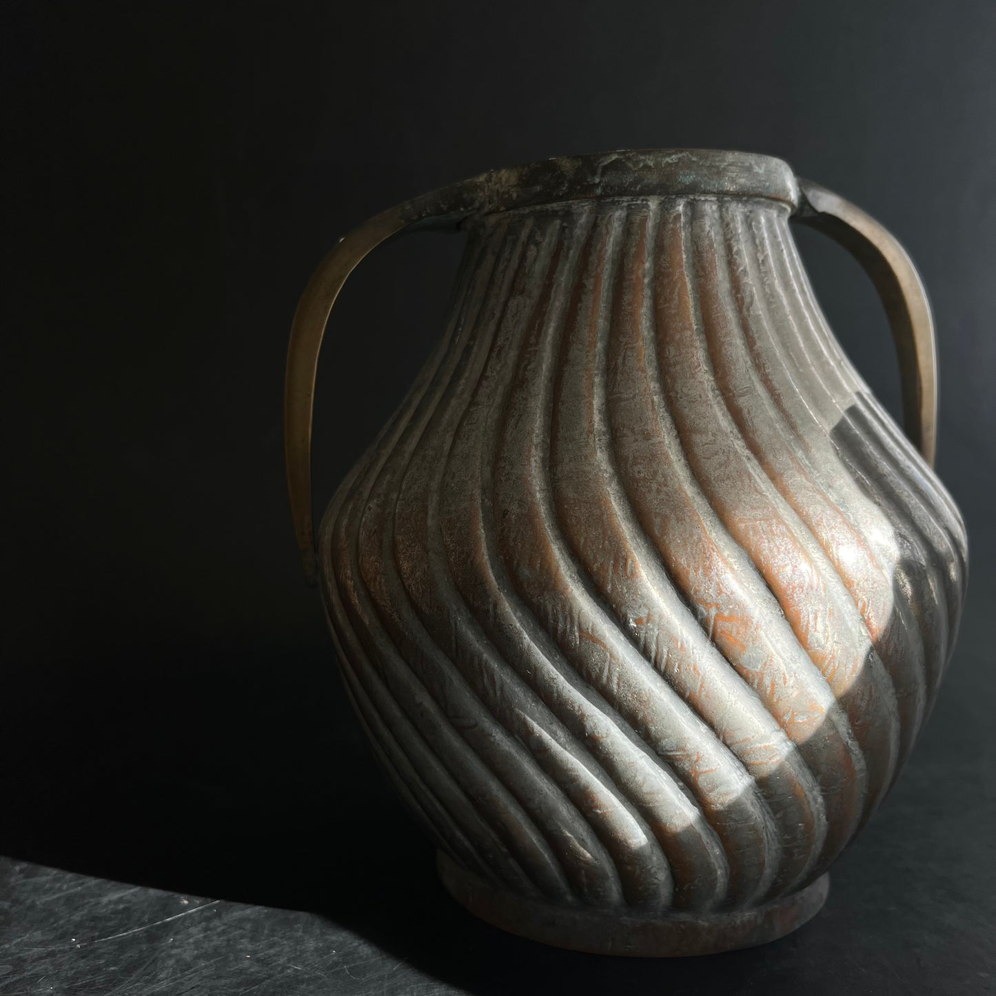 Pair of Ribbed Metal Urn Vases with Patina & Brass Handle