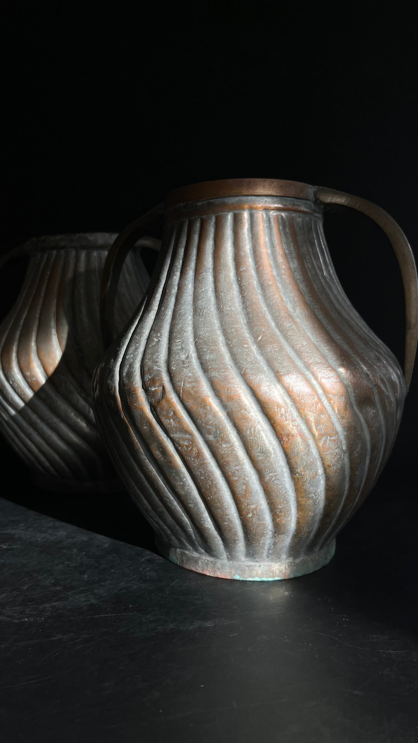 Pair of Ribbed Metal Urn Vases with Patina & Brass Handle