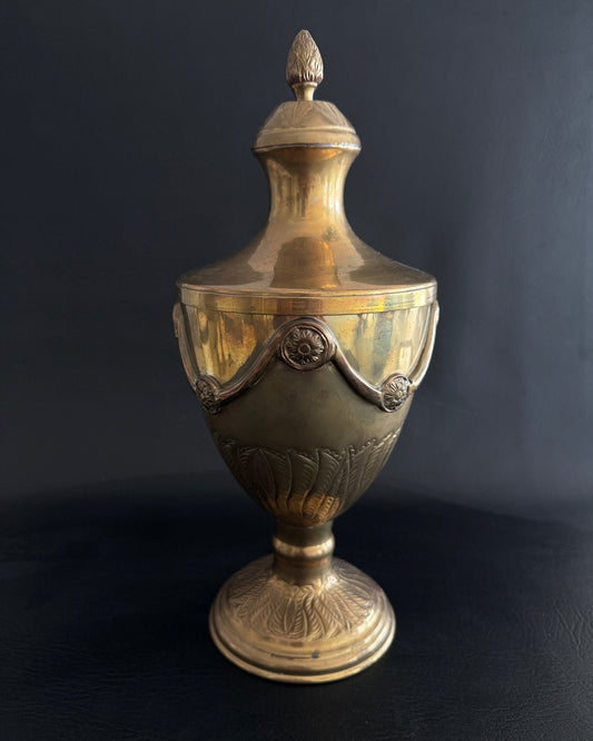 Lidded Brass Urn with Leaf Motif Detailing