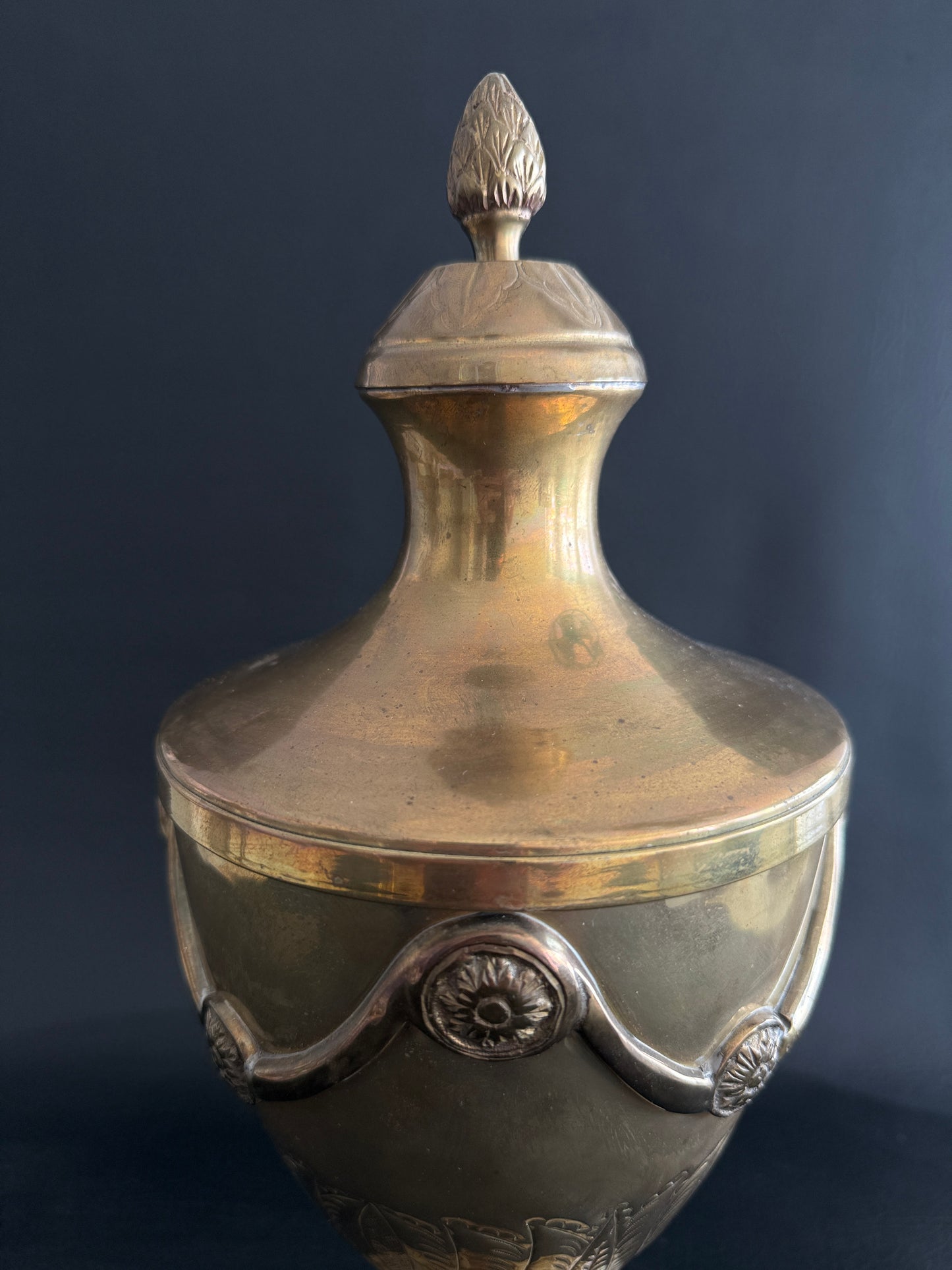 Lidded Brass Urn with Leaf Motif Detailing