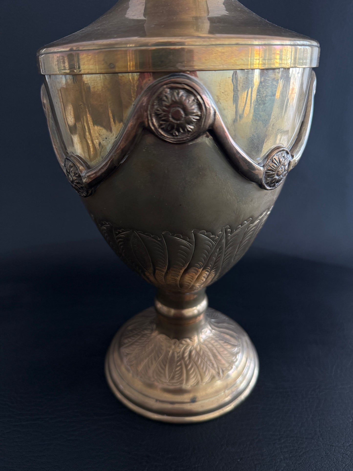 Lidded Brass Urn with Leaf Motif Detailing