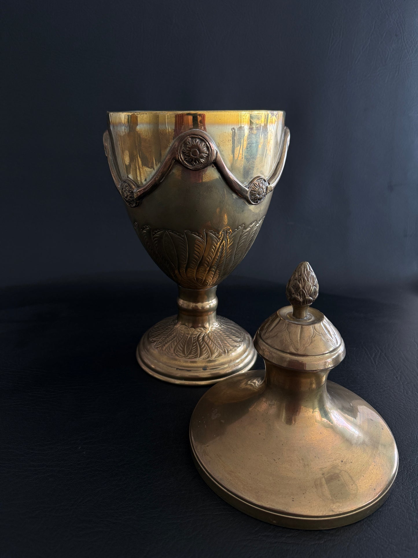 Lidded Brass Urn with Leaf Motif Detailing