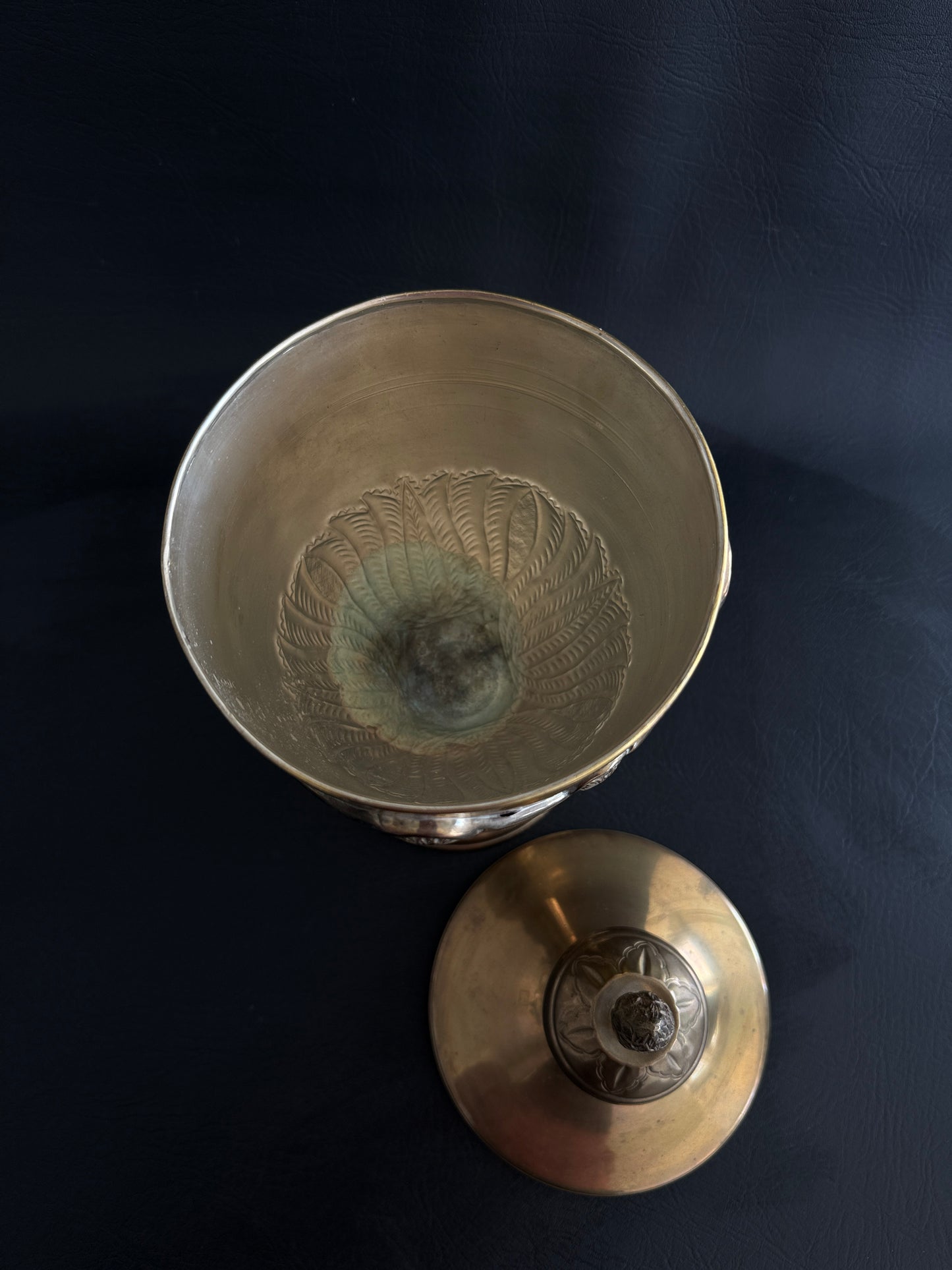 Lidded Brass Urn with Leaf Motif Detailing