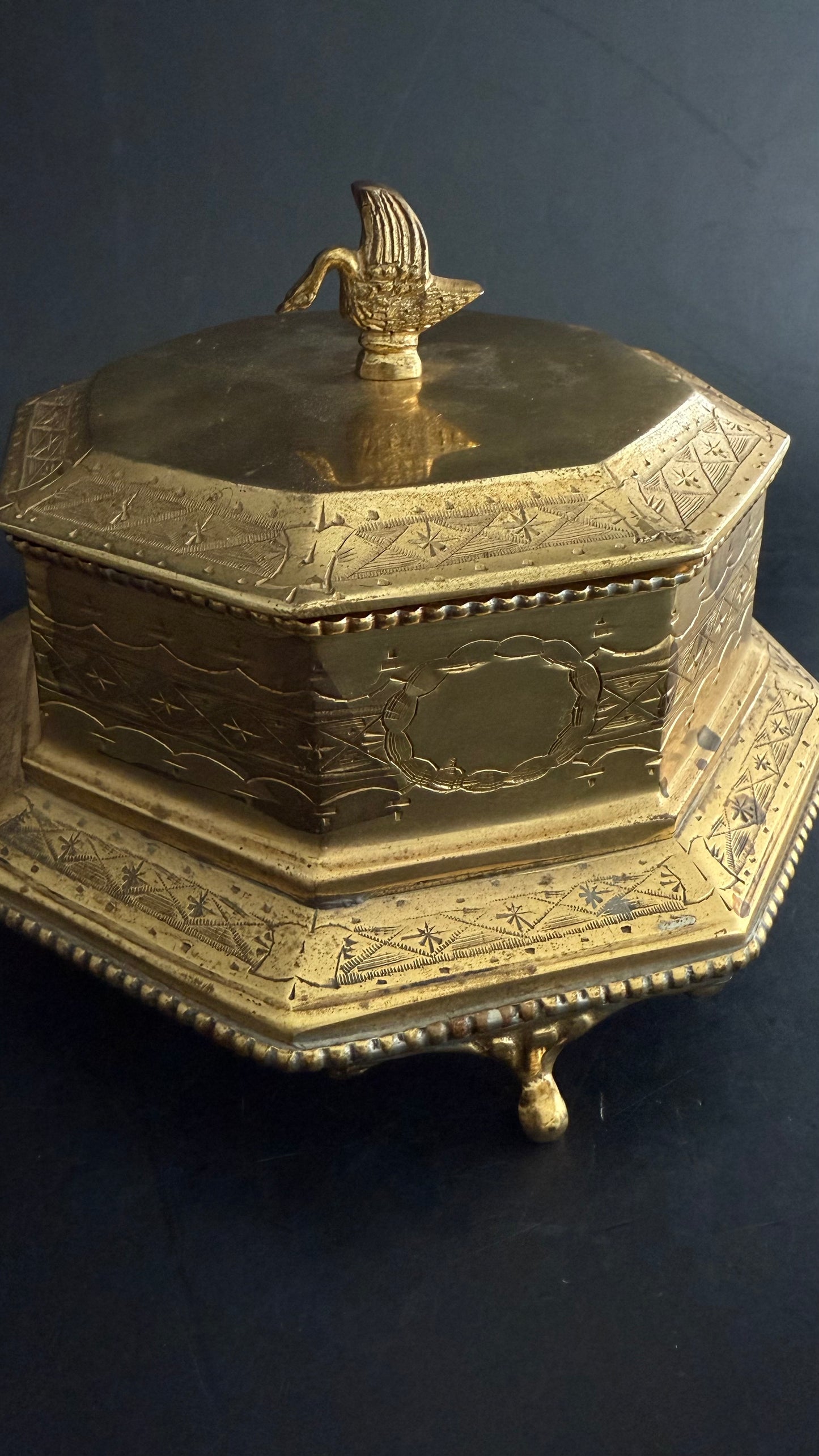 Brass Trinket Box with Swan Handled Lid