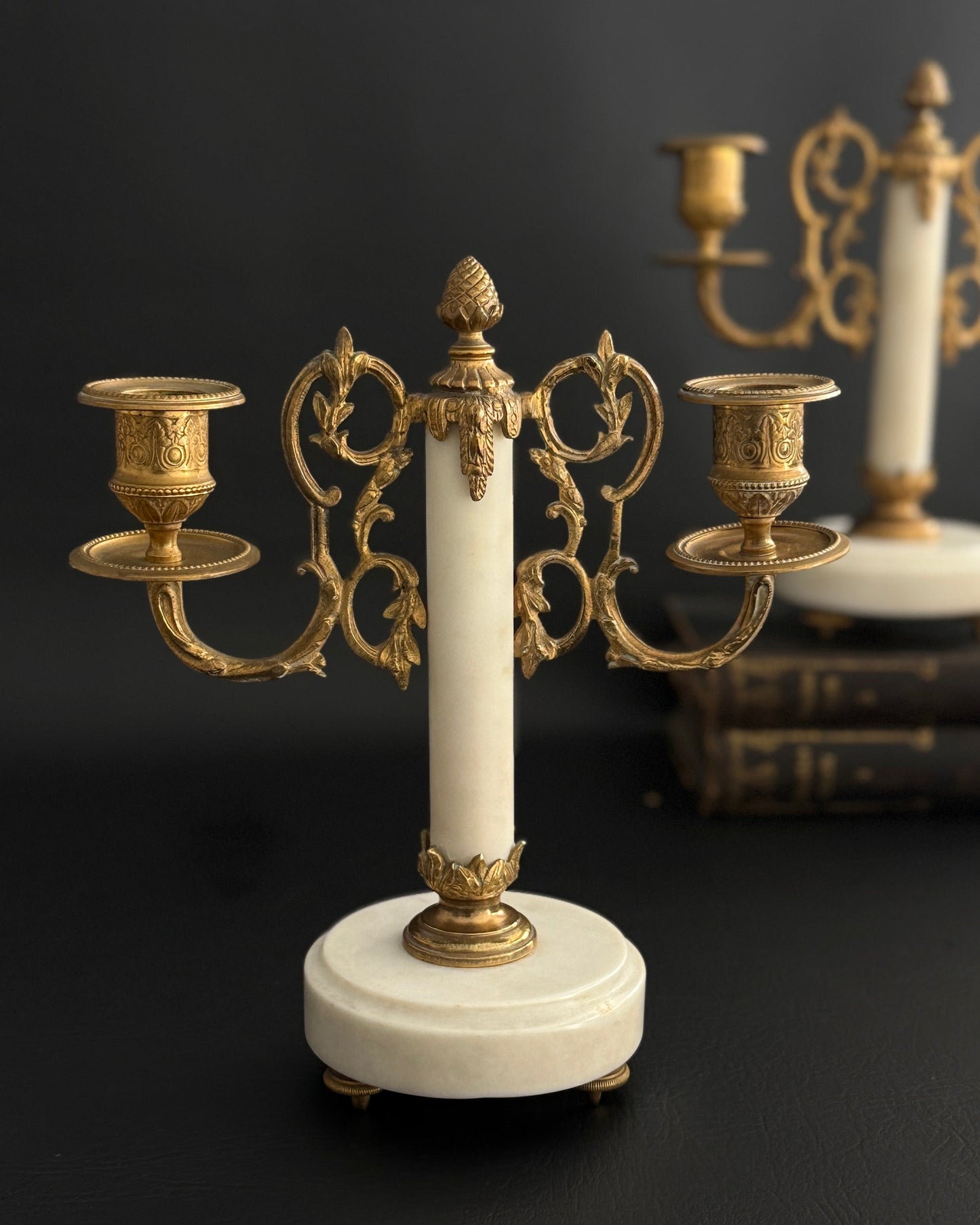 Pair of Marble & Gilt Metal Two-Arm Candelabras