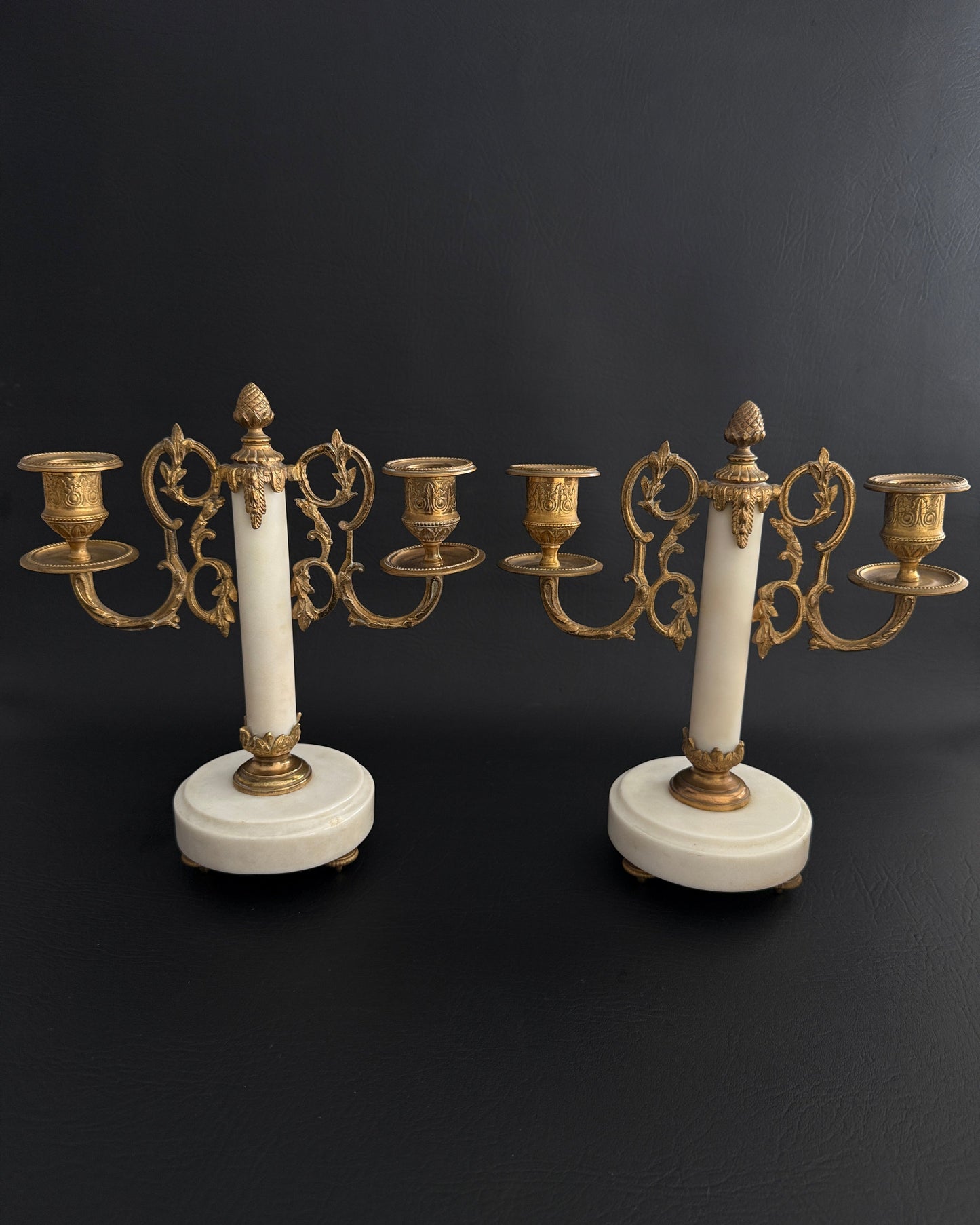 Pair of Marble & Gilt Metal Two-Arm Candelabras