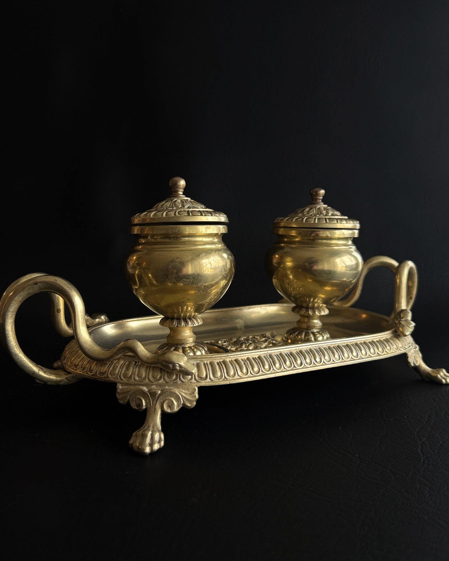 Antique French Empire Style Brass Double Inkwell with Serpent Handles