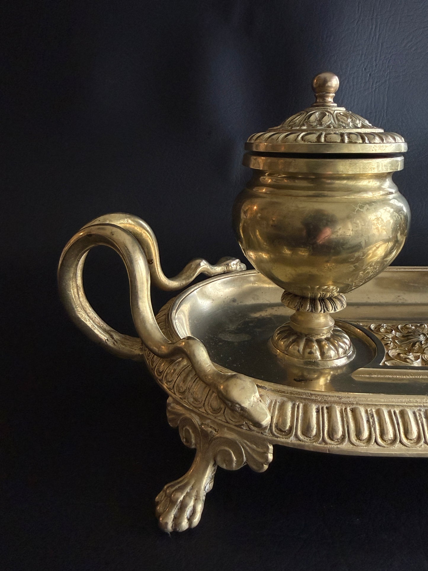 Antique French Empire Style Brass Double Inkwell with Serpent Handles