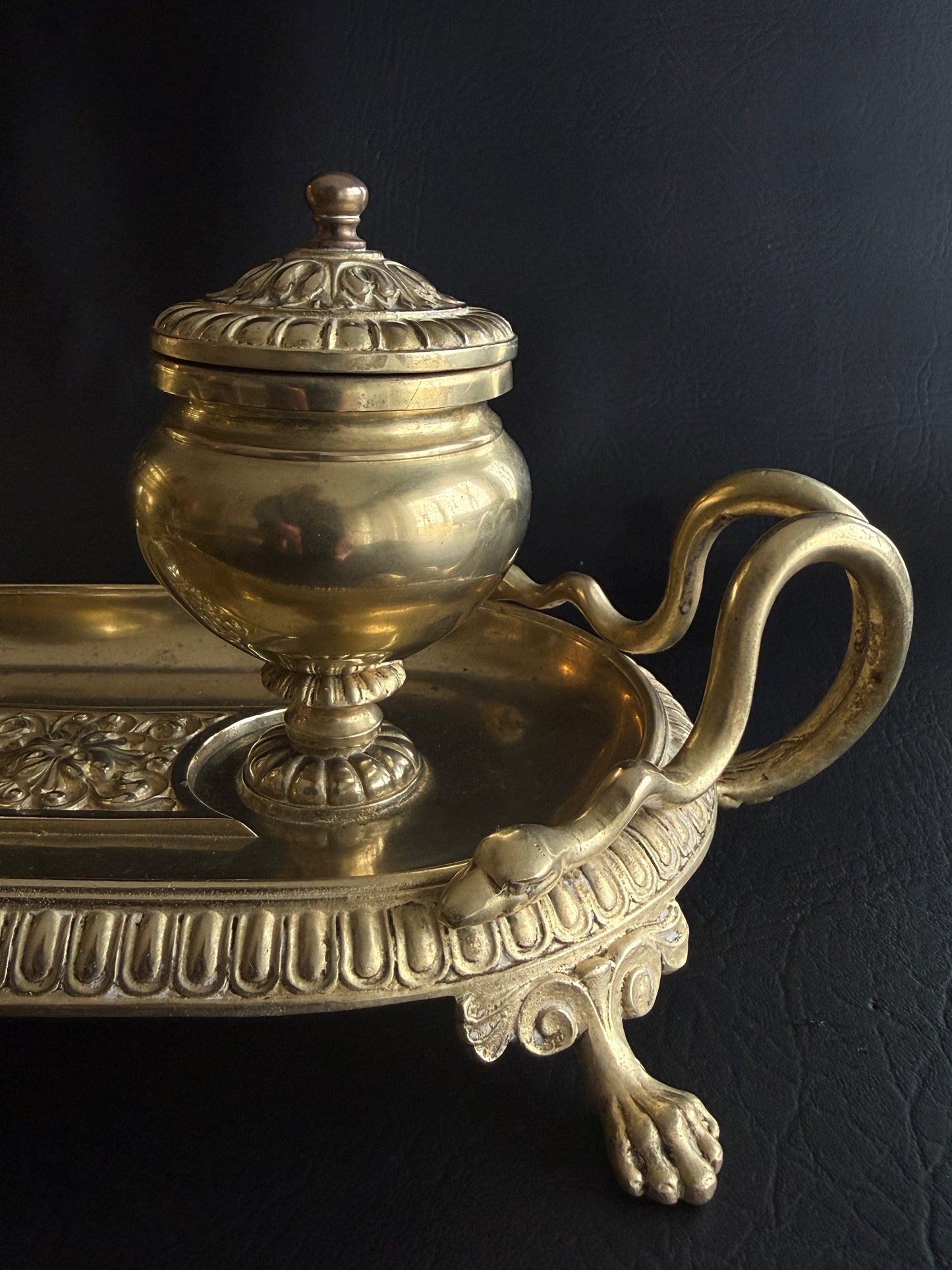 Antique French Empire Style Brass Double Inkwell with Serpent Handles