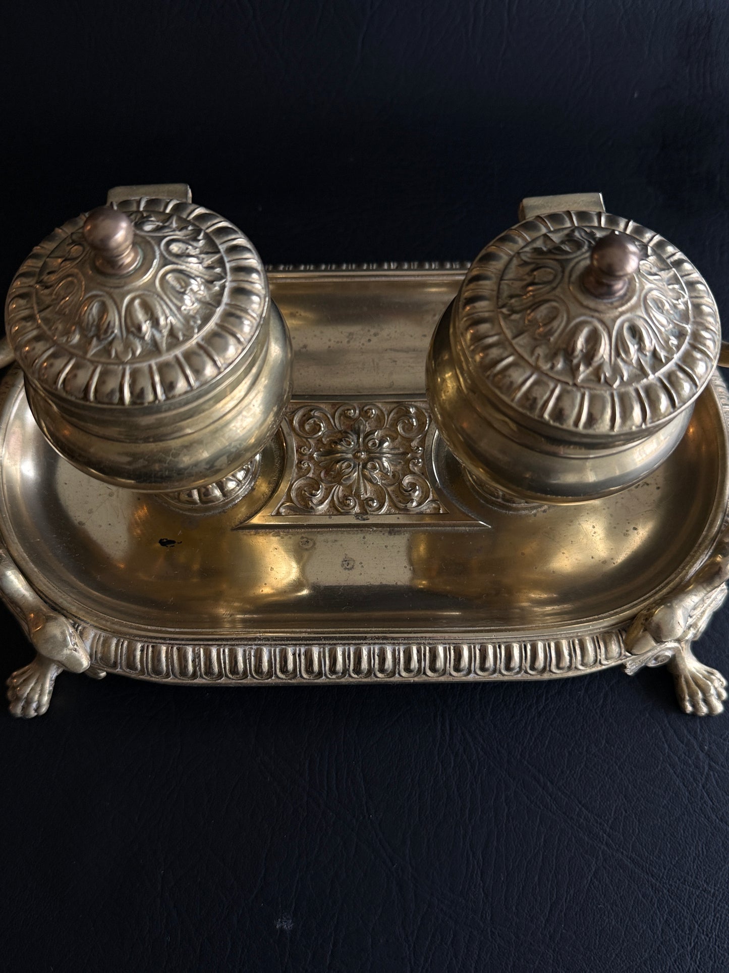 Antique French Empire Style Brass Double Inkwell with Serpent Handles