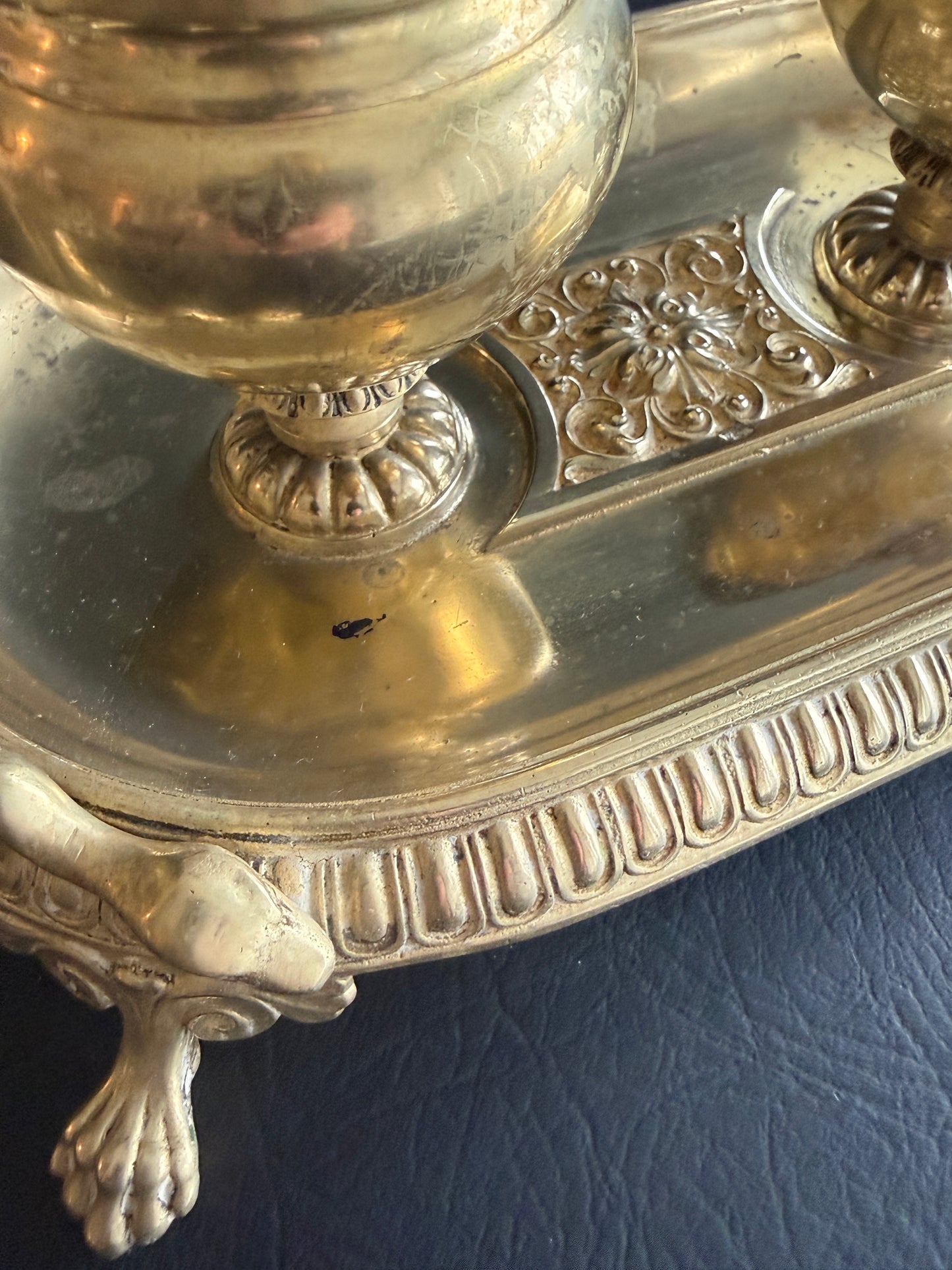 Antique French Empire Style Brass Double Inkwell with Serpent Handles