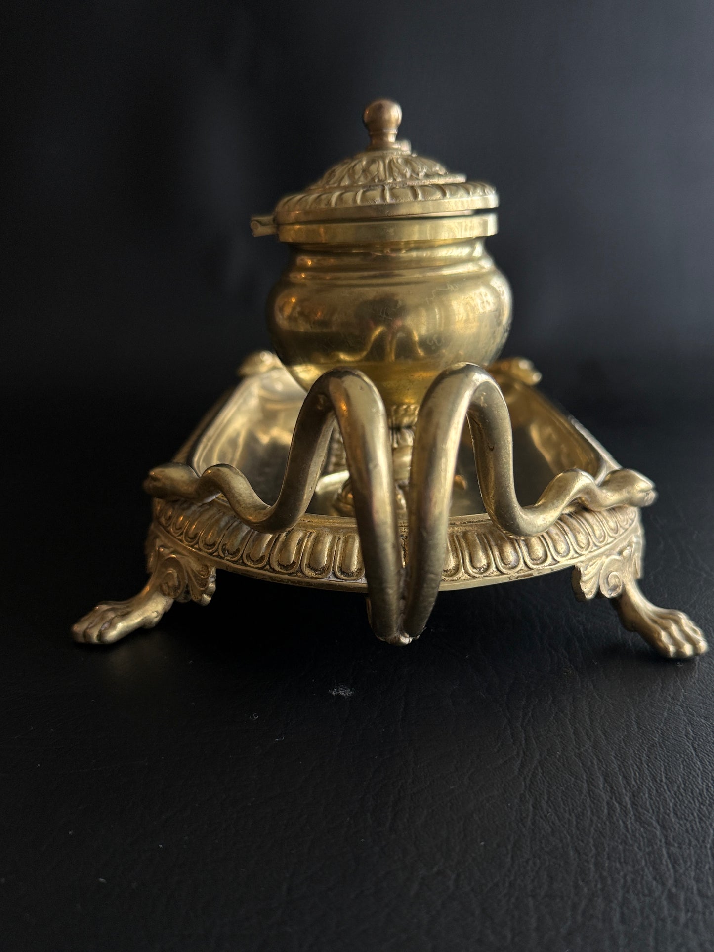 Antique French Empire Style Brass Double Inkwell with Serpent Handles