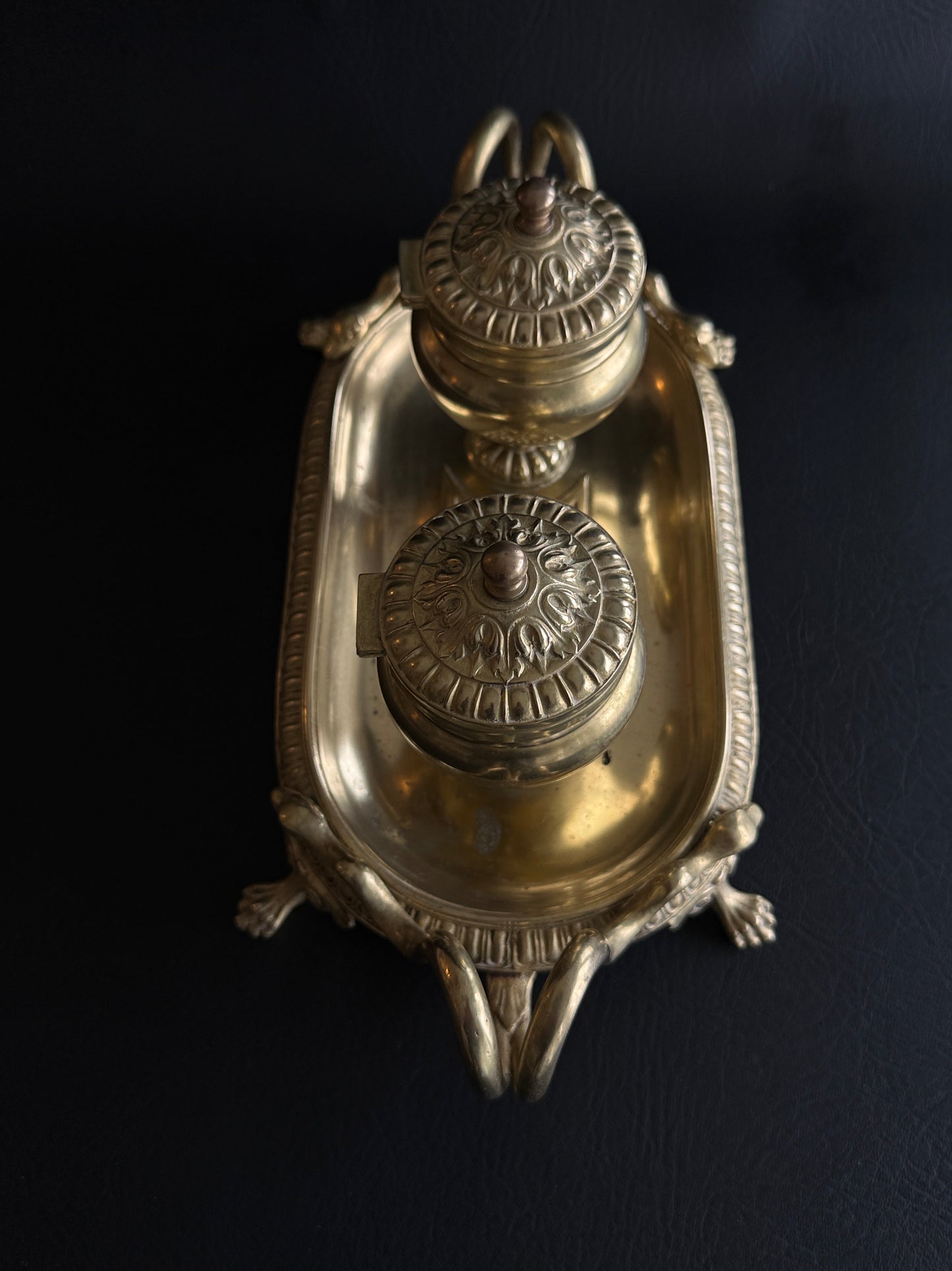 Antique French Empire Style Brass Double Inkwell with Serpent Handles