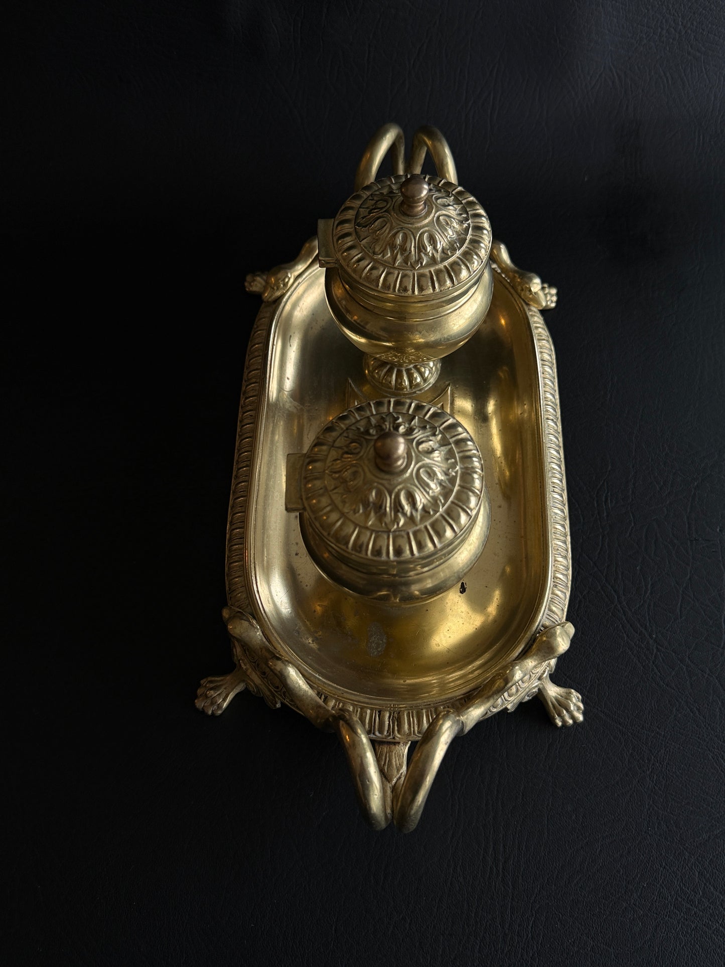 Antique French Empire Style Brass Double Inkwell with Serpent Handles