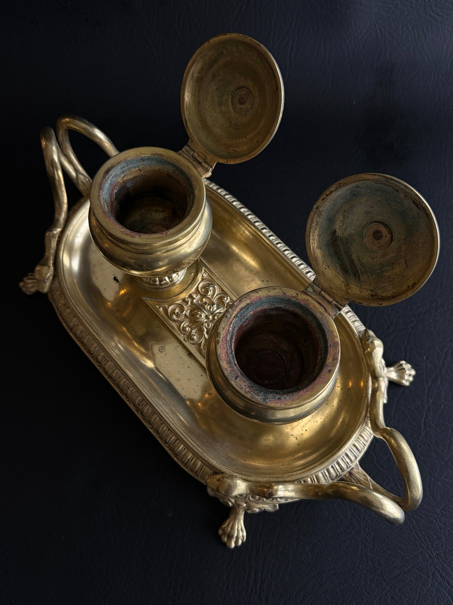 Antique French Empire Style Brass Double Inkwell with Serpent Handles