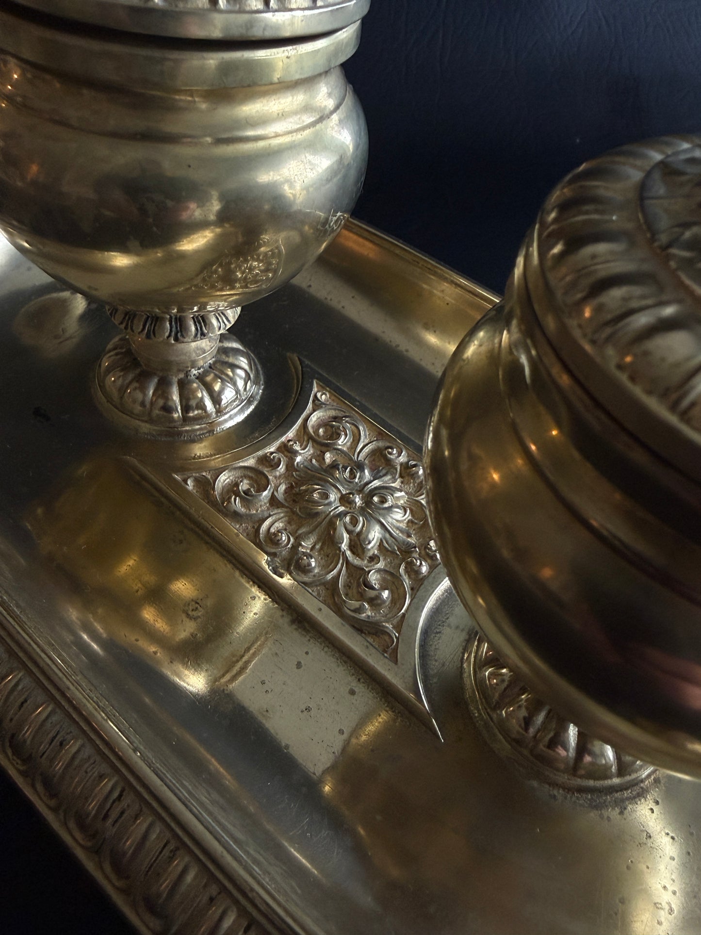 Antique French Empire Style Brass Double Inkwell with Serpent Handles