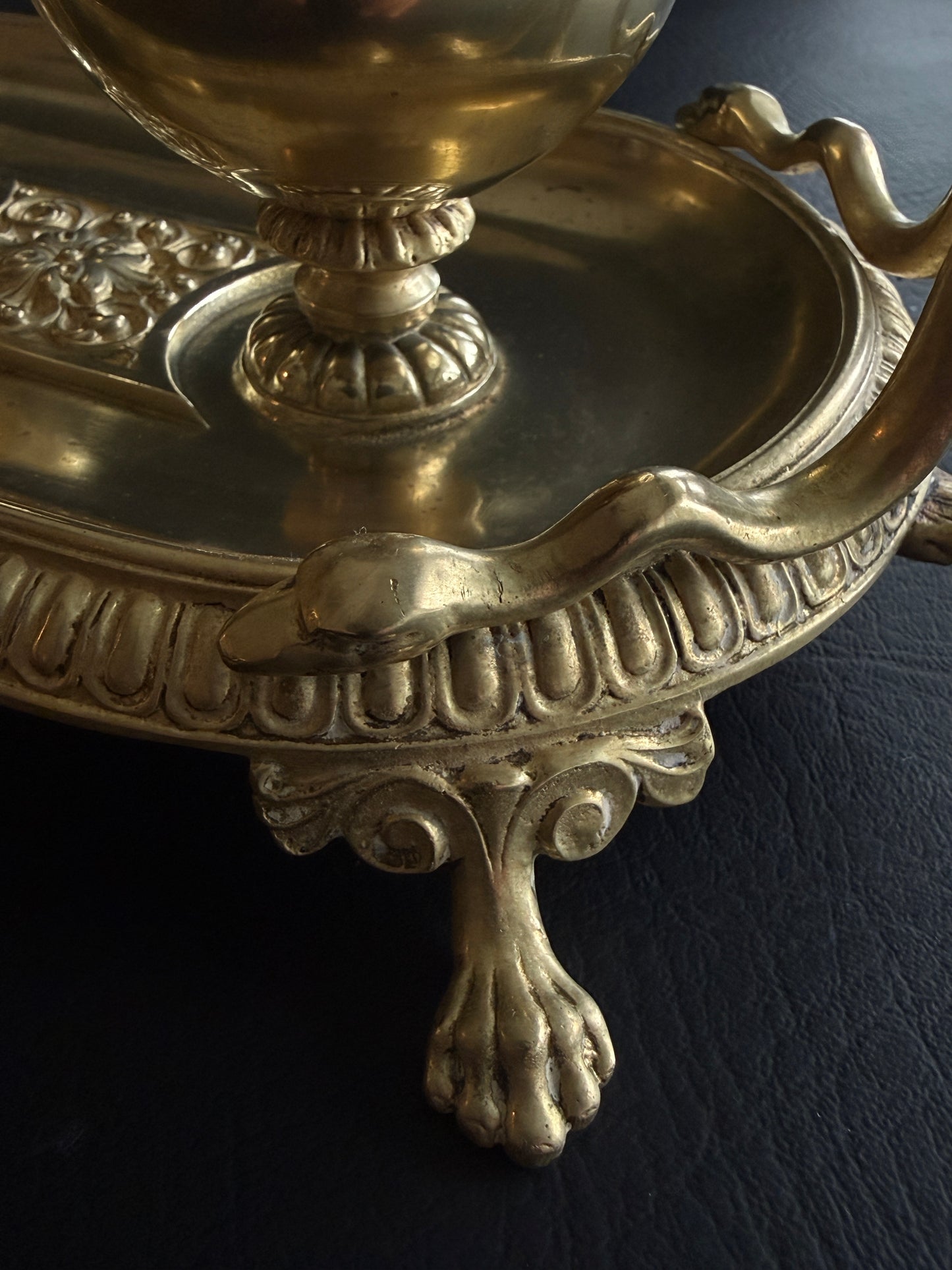 Antique French Empire Style Brass Double Inkwell with Serpent Handles