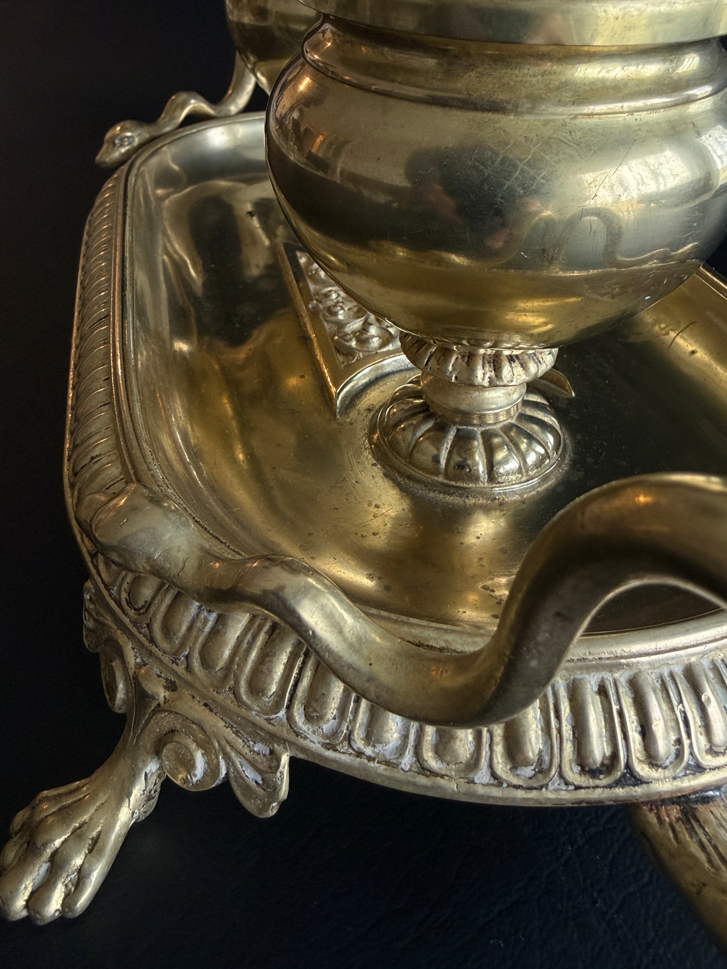 Antique French Empire Style Brass Double Inkwell with Serpent Handles