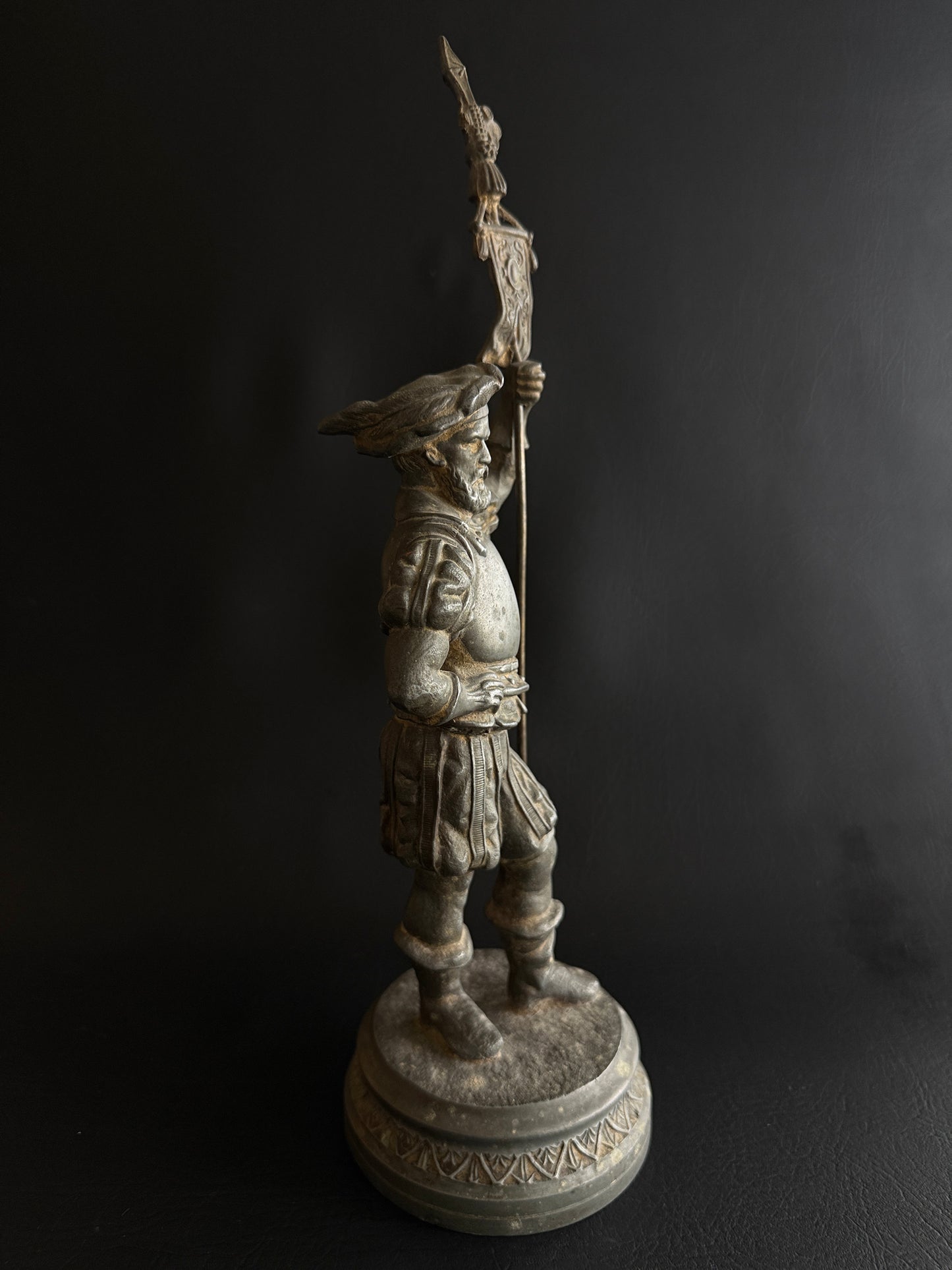 Antique Spelter Renaissance Standard Bearer Statue
