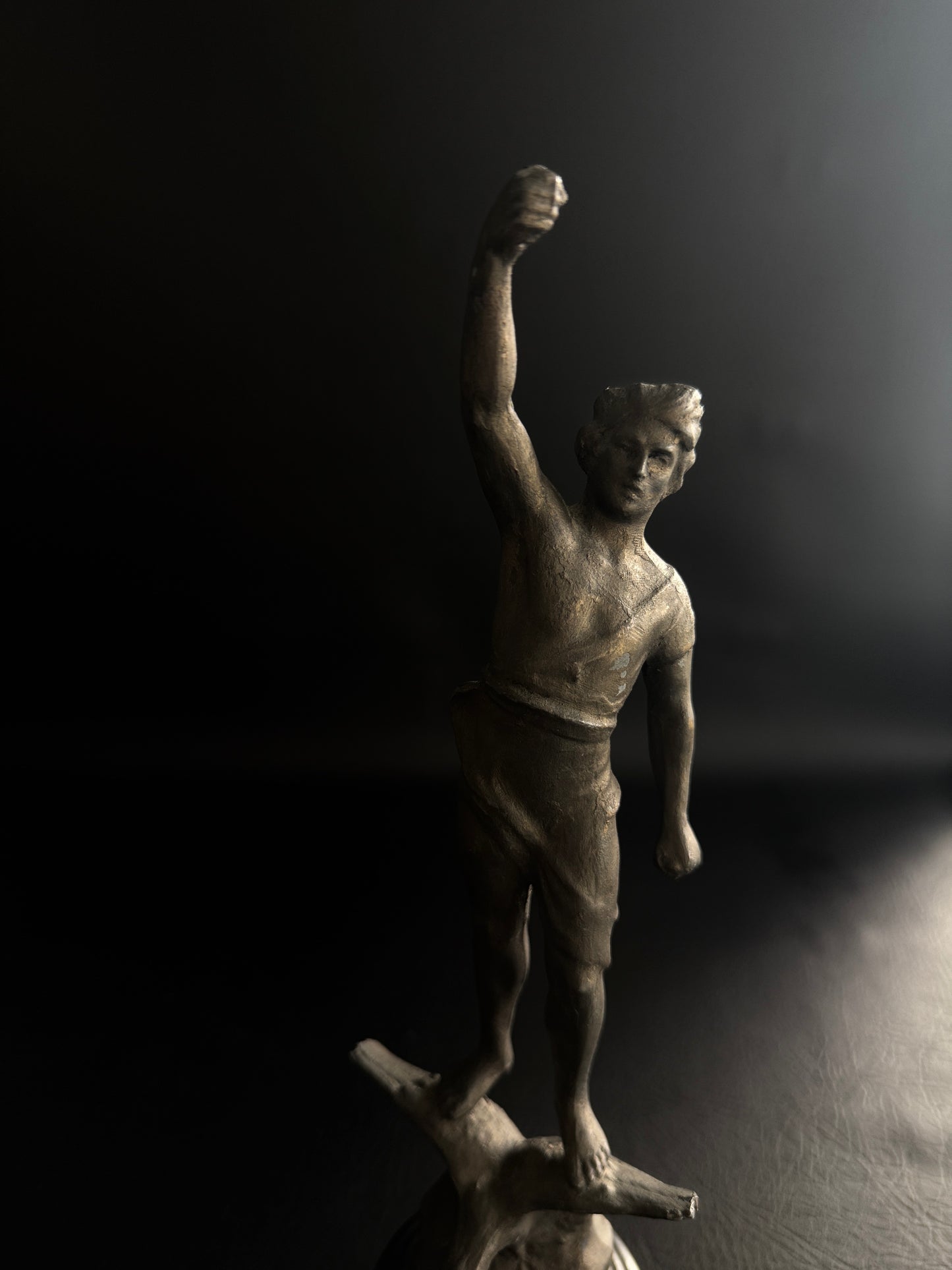 Antique Figural Metal Sculpture of Man Standing on Eagle with Wood Base