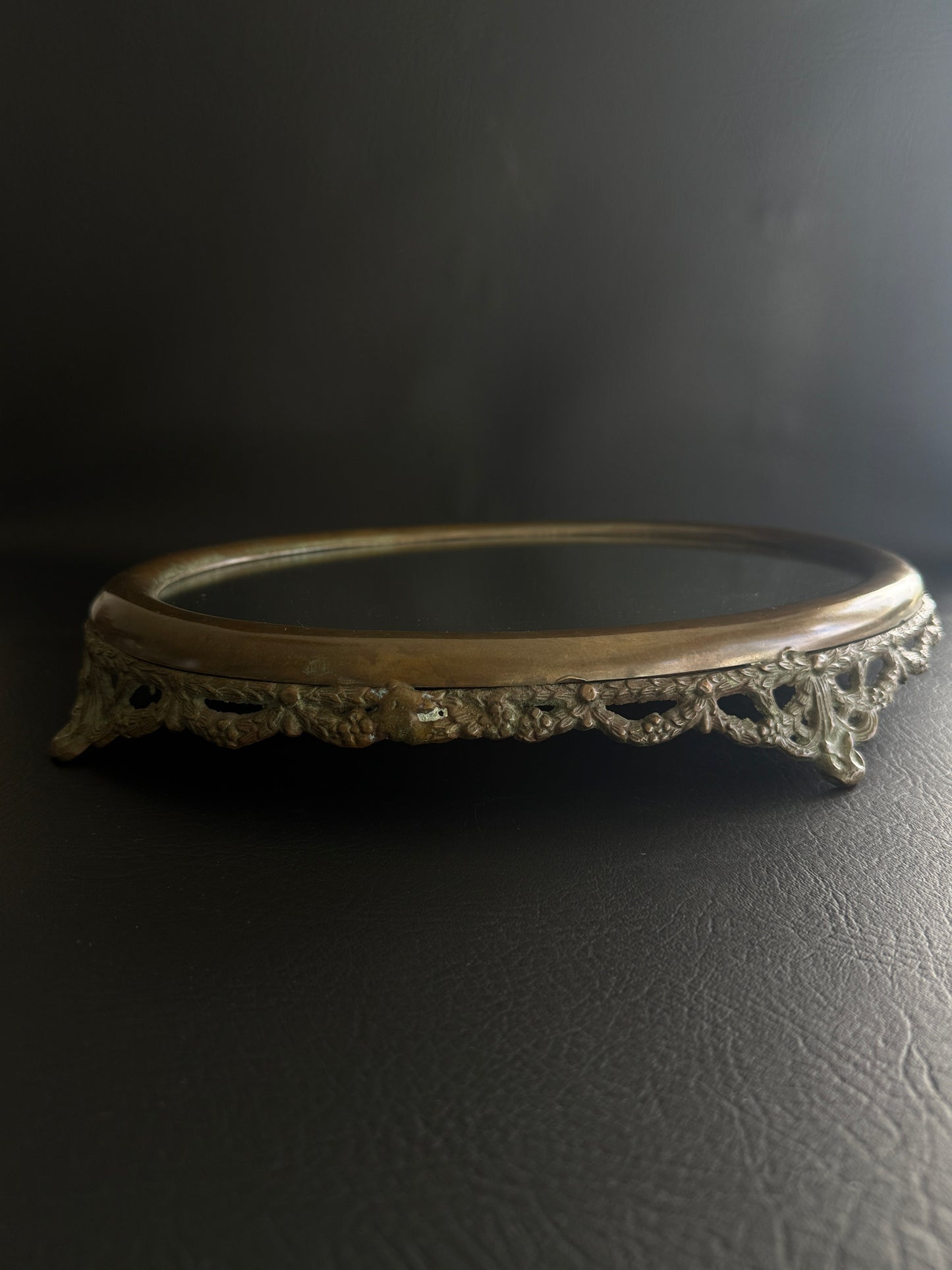 Vintage Brass Filigree Oval Mirror Vanity Tray