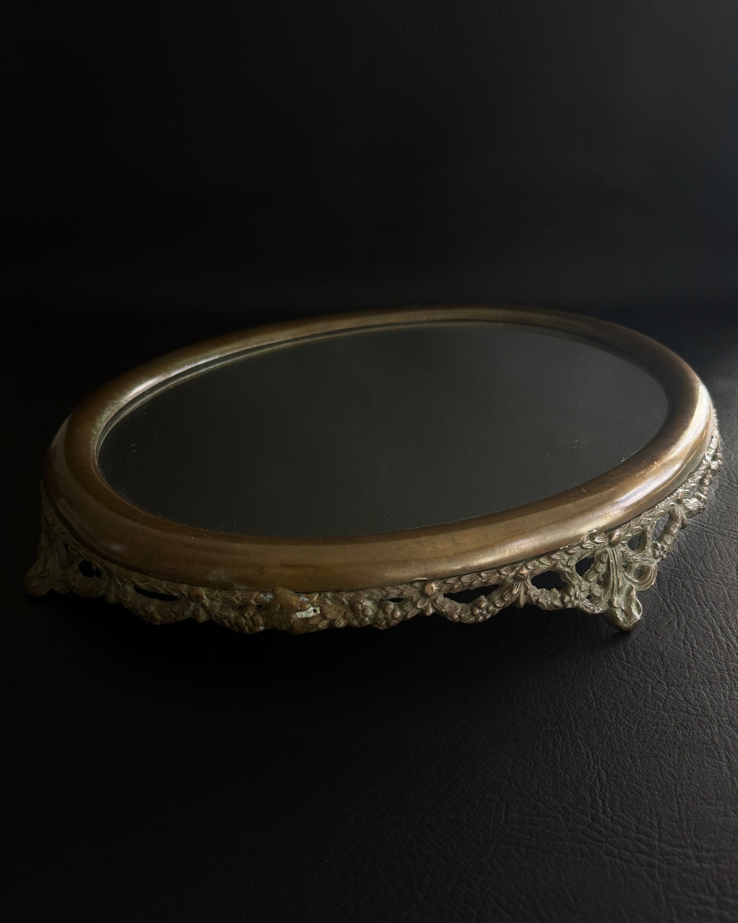 Vintage Brass Filigree Oval Mirror Vanity Tray