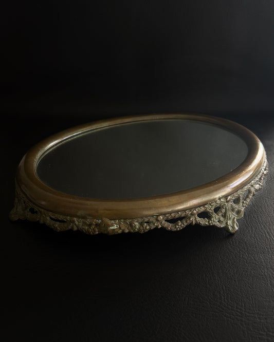 Vintage Brass Filigree Oval Mirror Vanity Tray