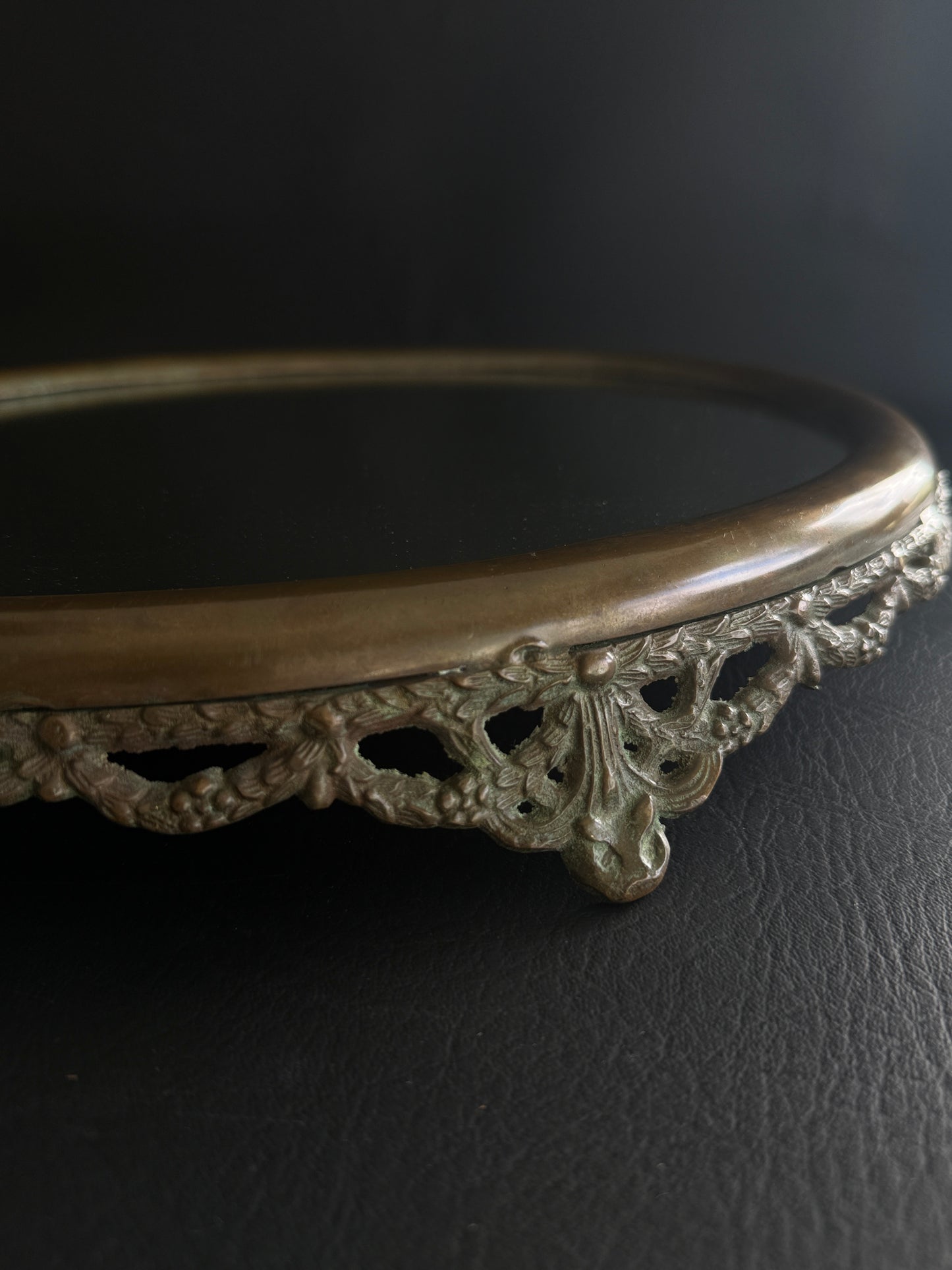 Vintage Brass Filigree Oval Mirror Vanity Tray