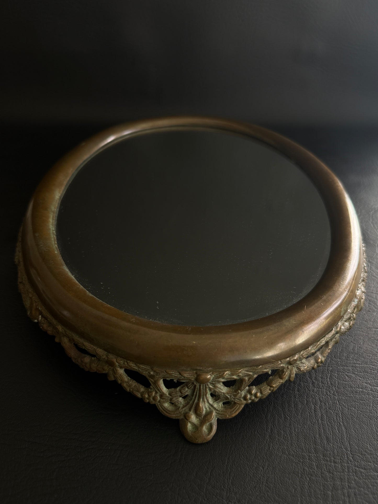 Vintage Brass Filigree Oval Mirror Vanity Tray
