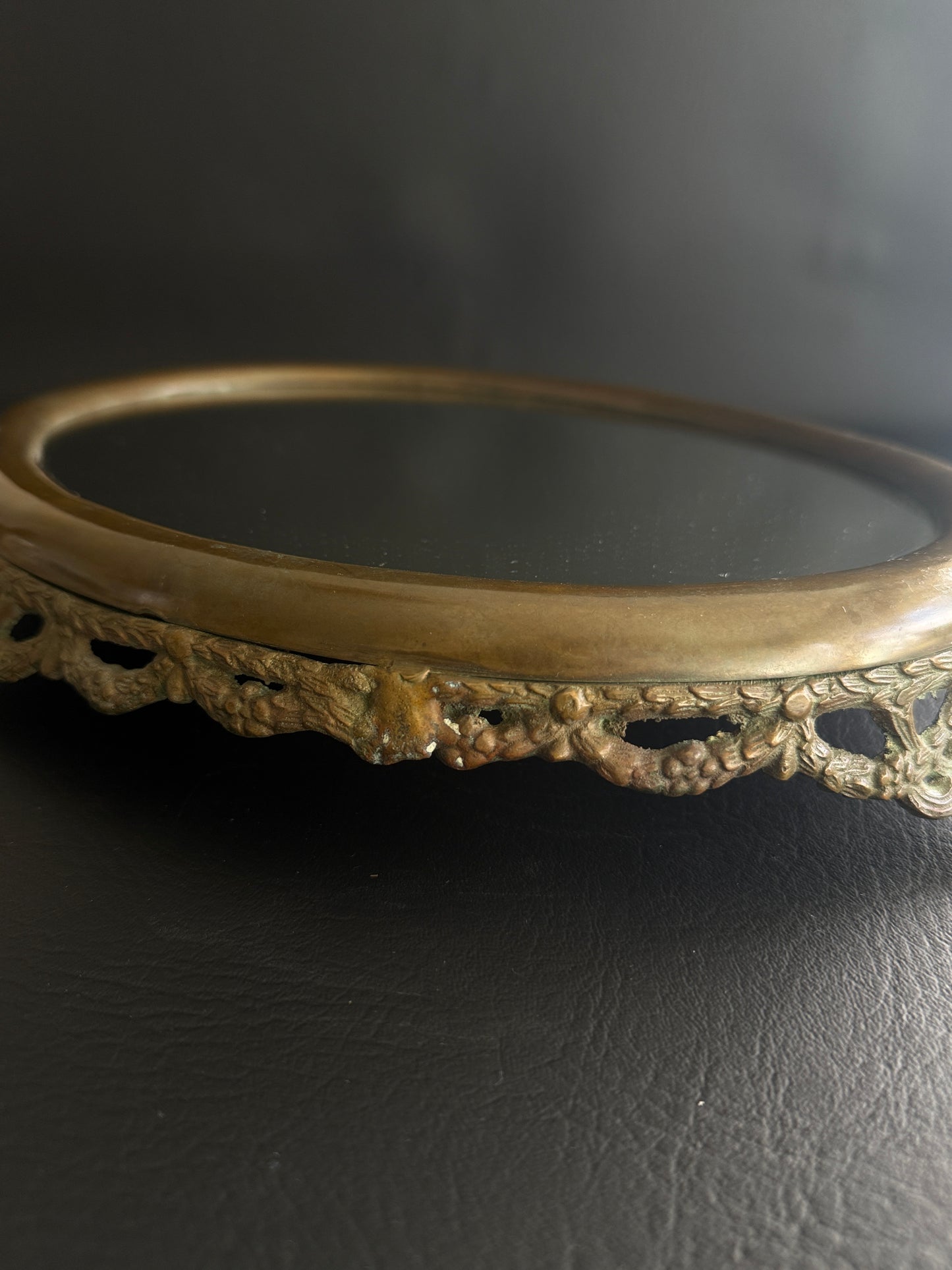 Vintage Brass Filigree Oval Mirror Vanity Tray