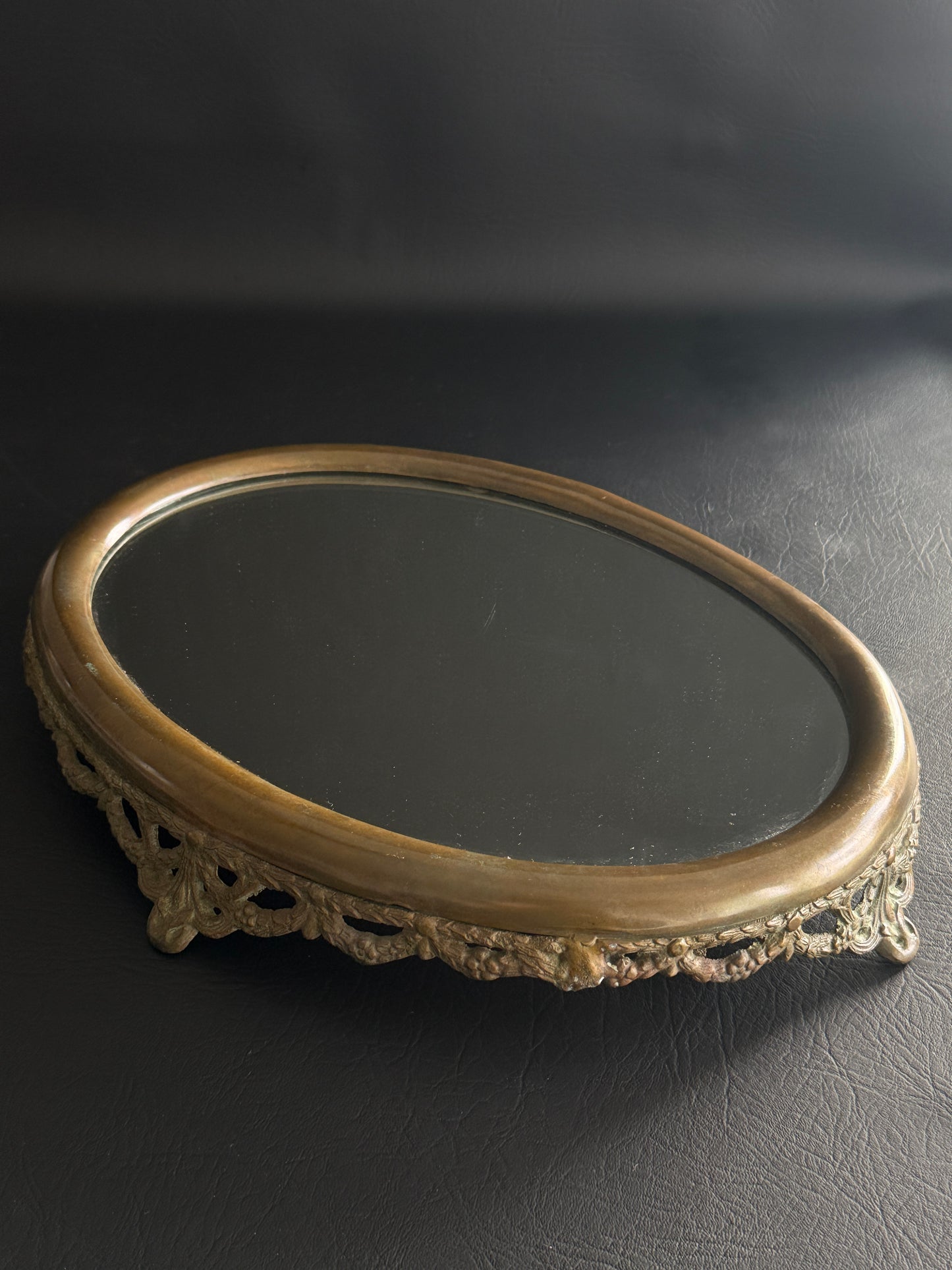 Vintage Brass Filigree Oval Mirror Vanity Tray