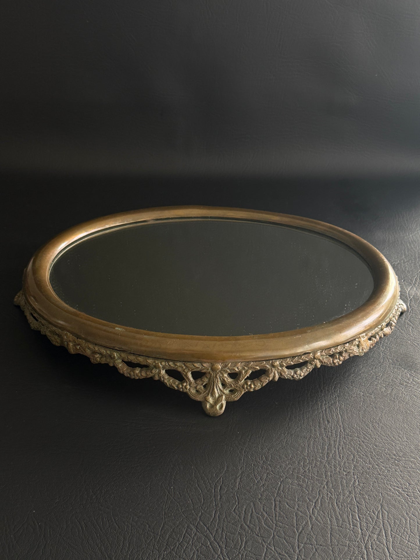 Vintage Brass Filigree Oval Mirror Vanity Tray