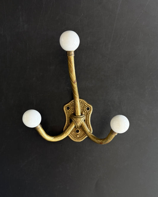 Vintage Brass Quadruple Hook with White Porcelain Knob Ends