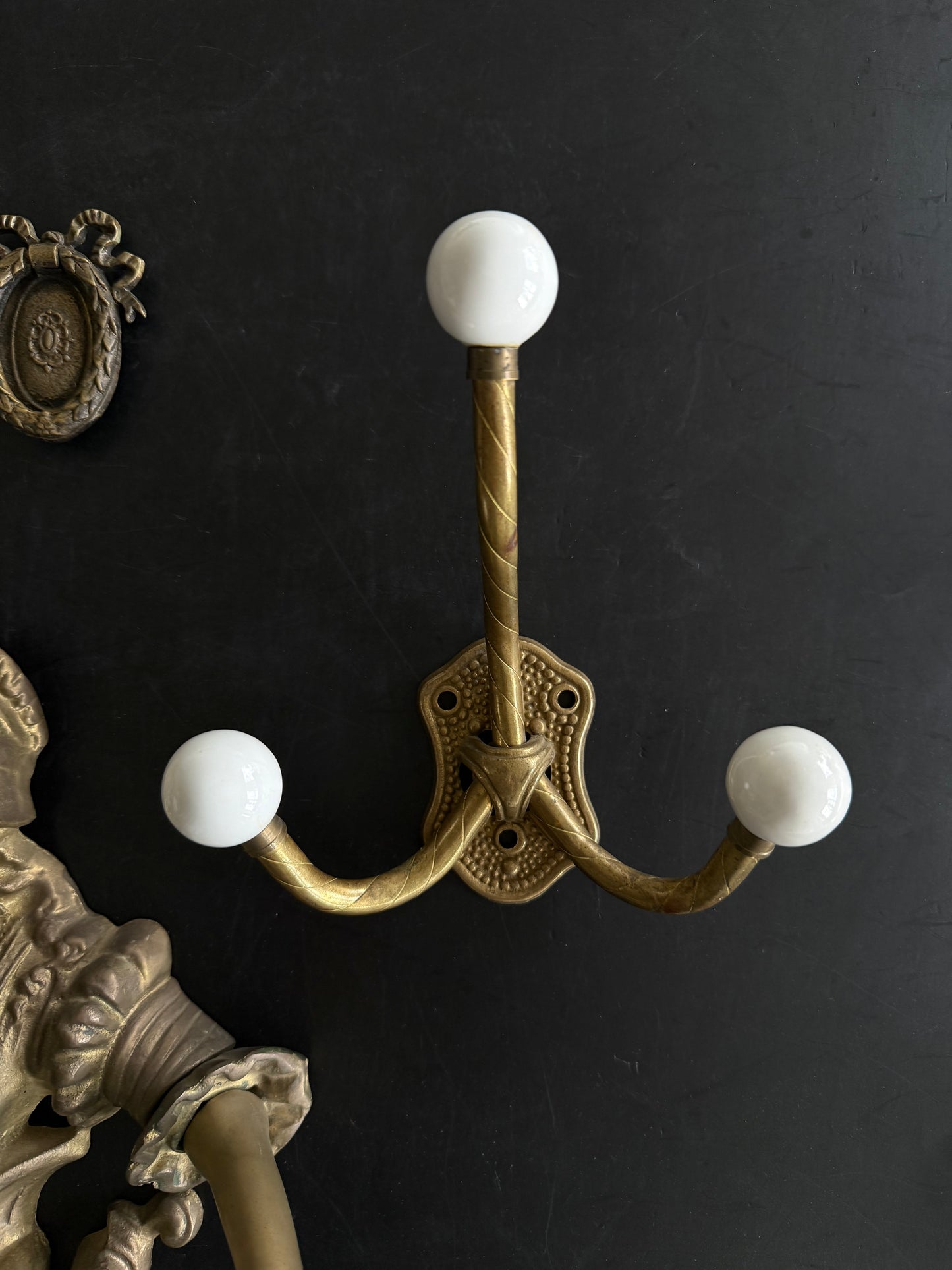 Vintage Brass Quadruple Hook with White Porcelain Knob Ends