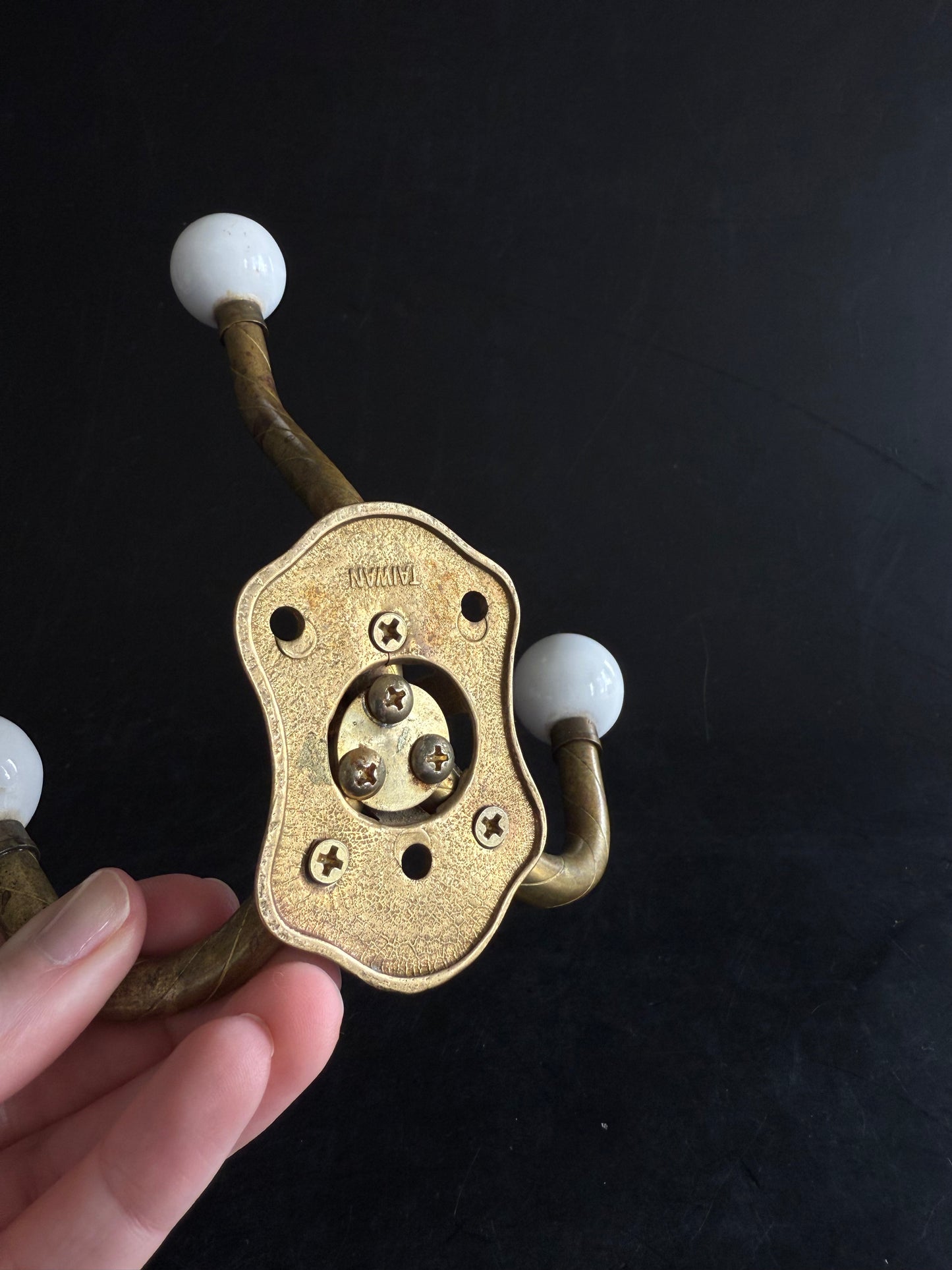 Vintage Brass Quadruple Hook with White Porcelain Knob Ends