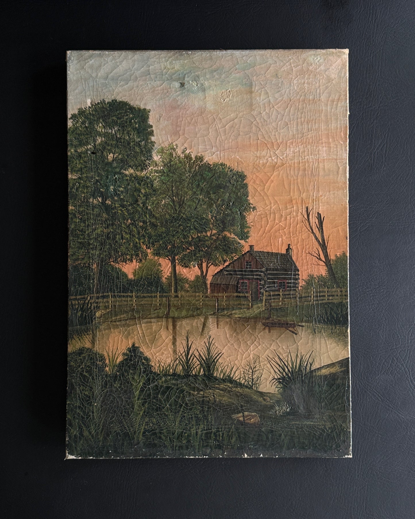 Antique Primitive Landscape Cabin Painting