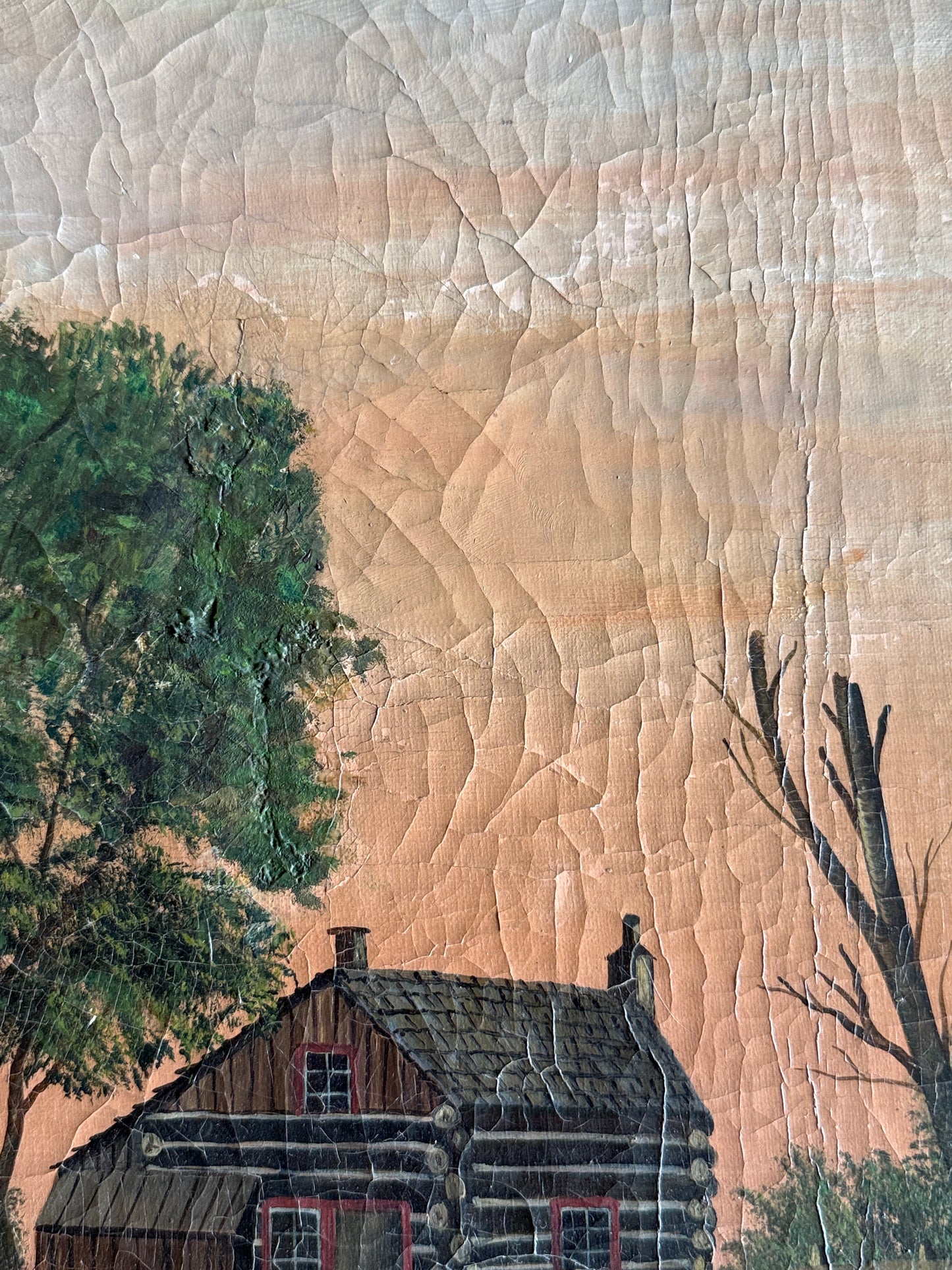 Antique Primitive Landscape Cabin Painting