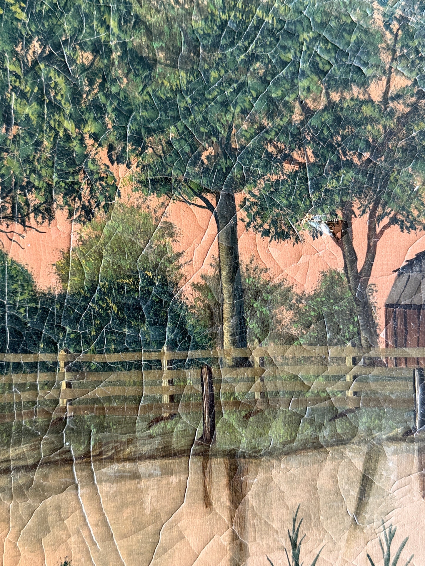 Antique Primitive Landscape Cabin Painting
