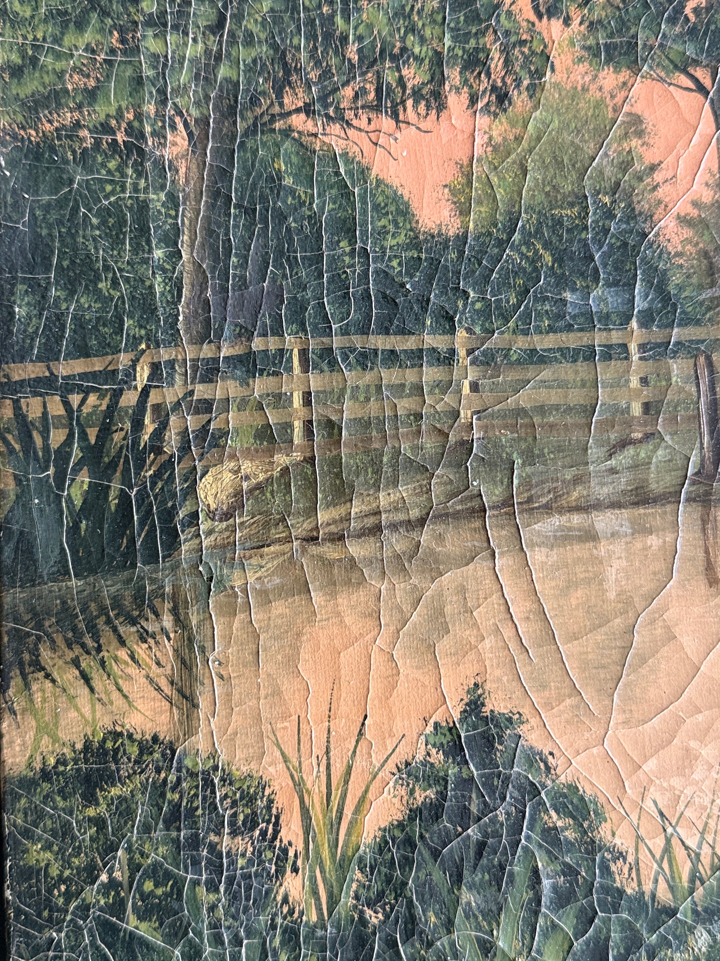 Antique Primitive Landscape Cabin Painting