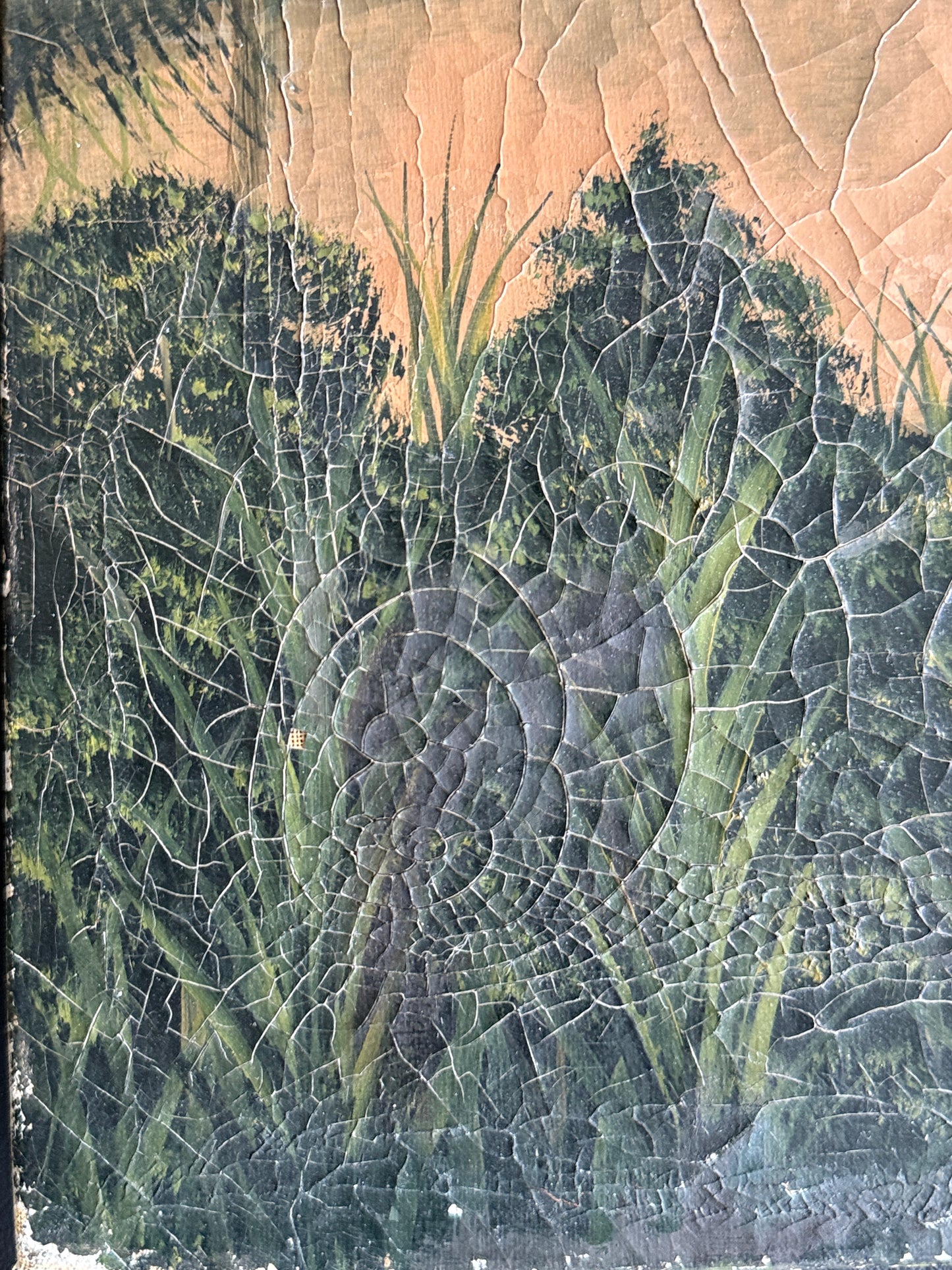 Antique Primitive Landscape Cabin Painting