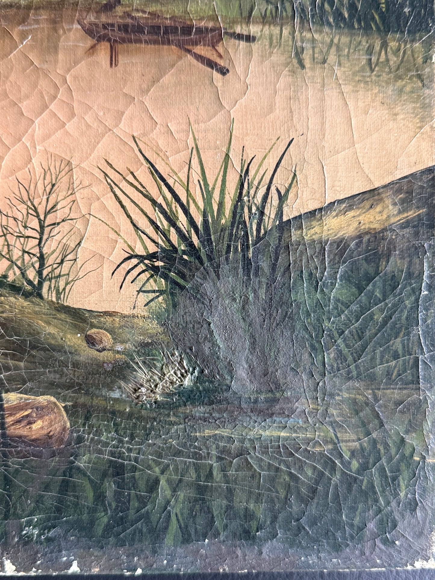 Antique Primitive Landscape Cabin Painting