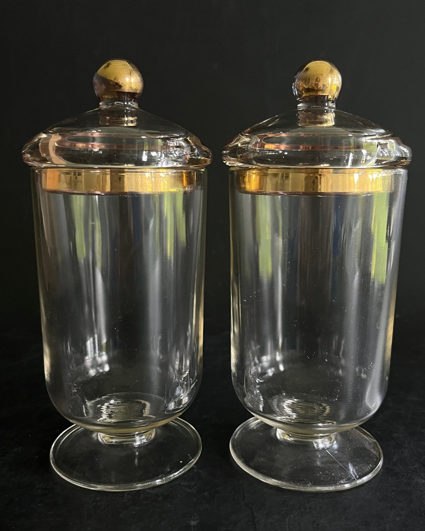 Pair of Lidded Glass Jars with Gold Detail