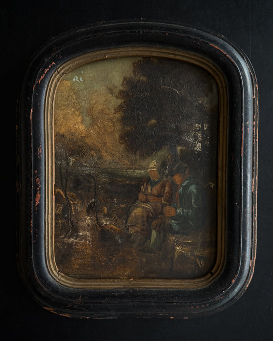 Reserved: Antique 19th-Century Oil Painting on Panel – Rustic Peasant Scene