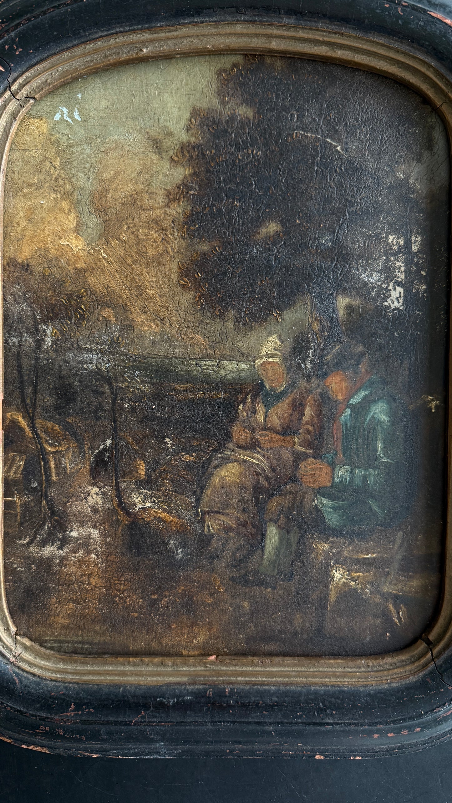 Reserved: Antique 19th-Century Oil Painting on Panel – Rustic Peasant Scene