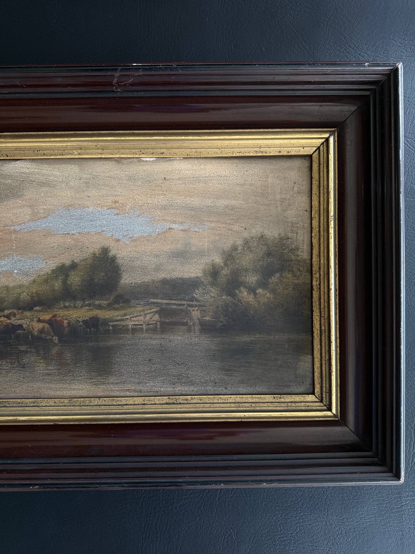 Antique Pastoral Landscape Painting in Deep Mahogany Frame