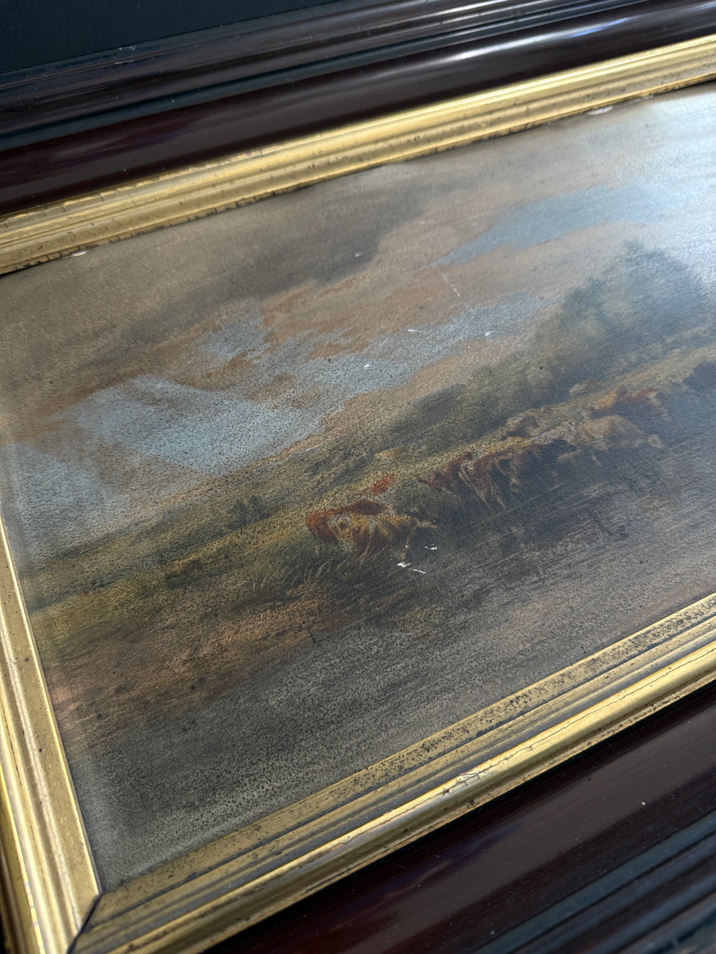 Antique Pastoral Landscape Painting in Deep Mahogany Frame