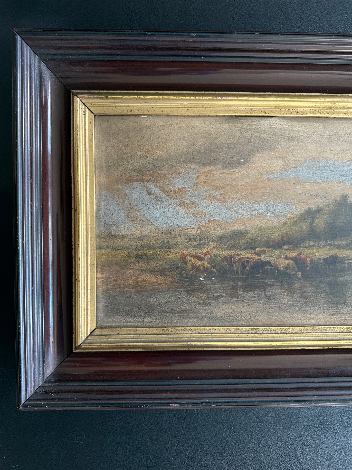 Antique Pastoral Landscape Painting in Deep Mahogany Frame