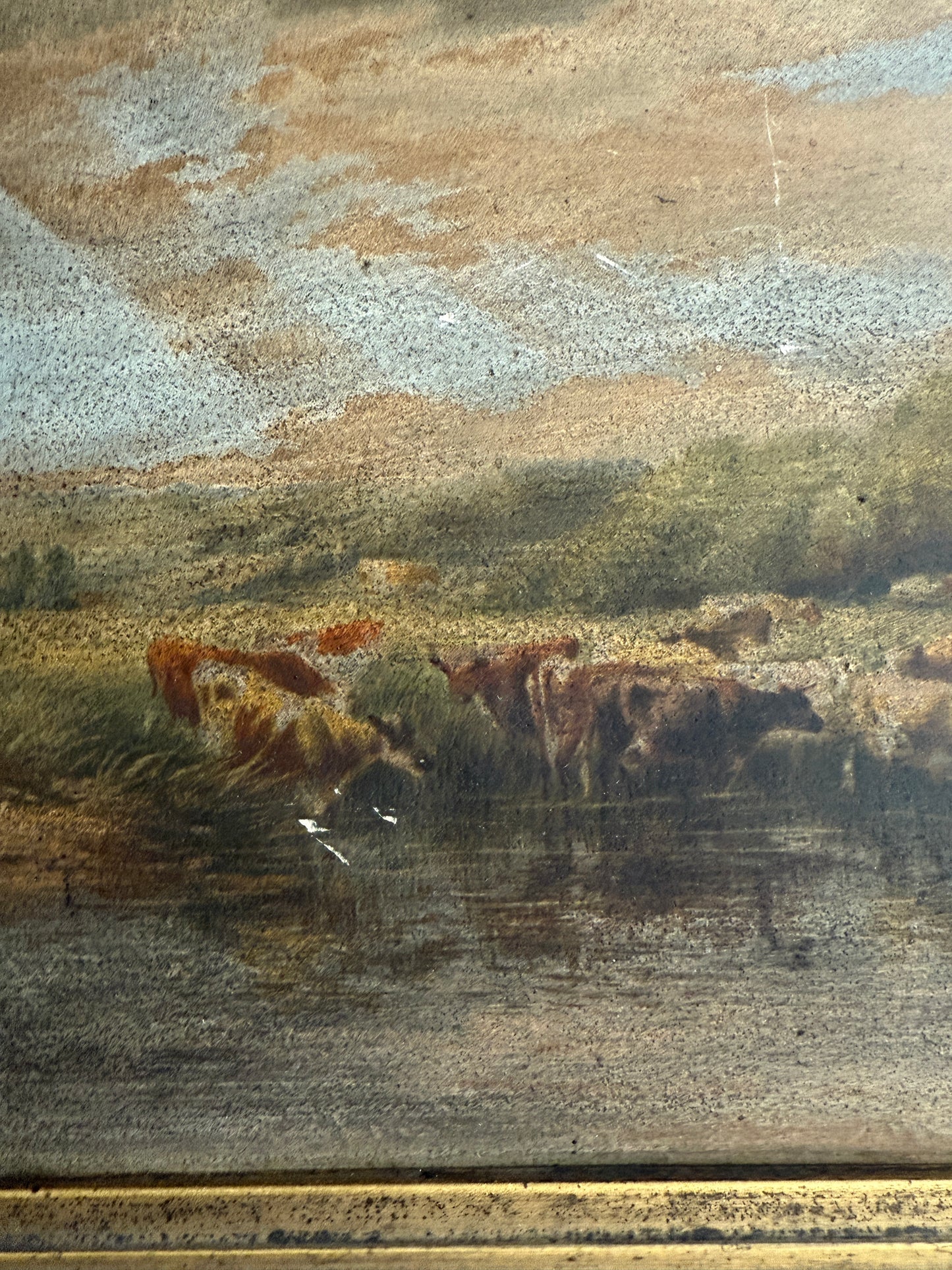 Antique Pastoral Landscape Painting in Deep Mahogany Frame